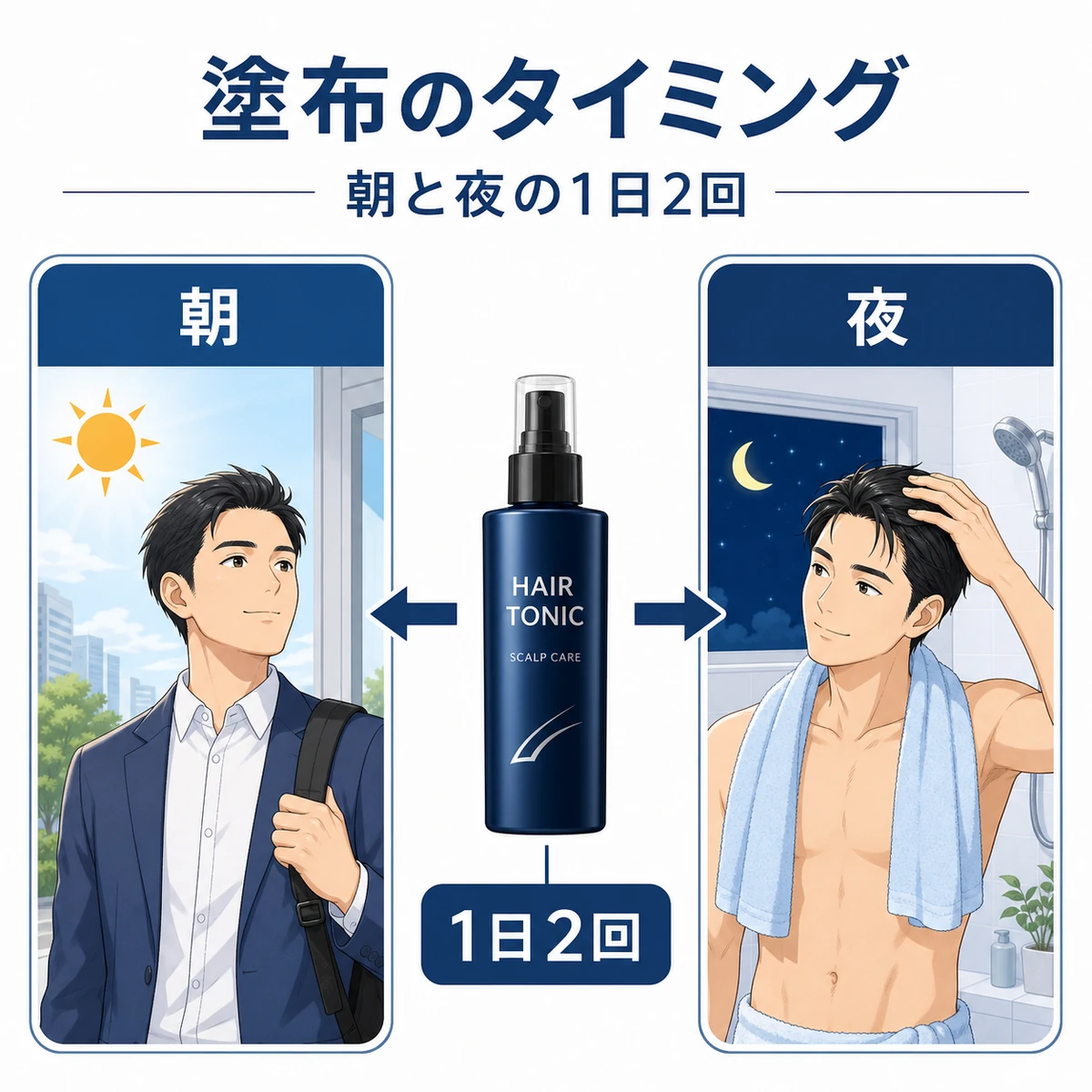 朝と夜の1日2回の塗布タイミングを対比した男性の育毛ケアイラスト
