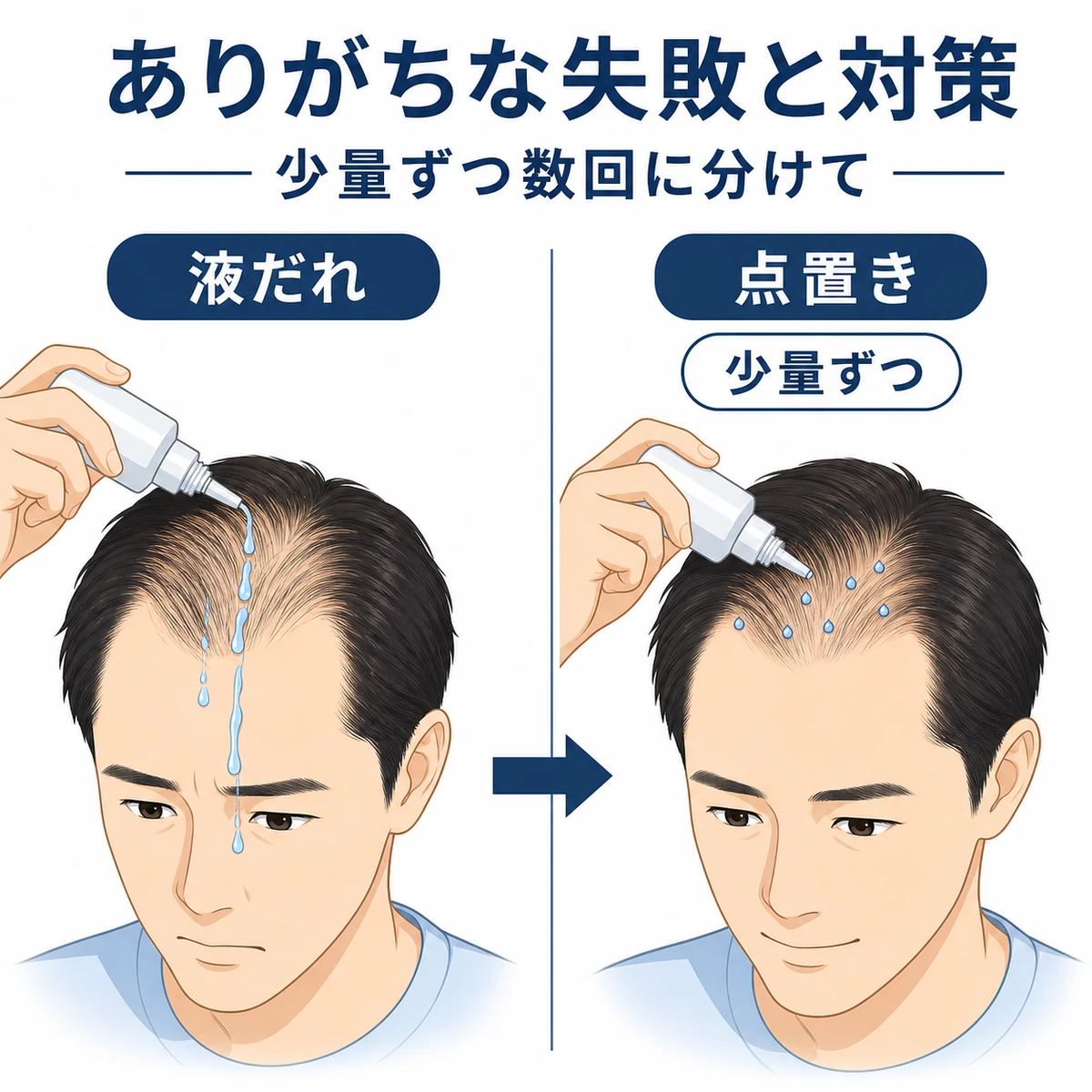 液だれする失敗例と少量ずつ点置きする改善例を対比した男性の塗布イラスト