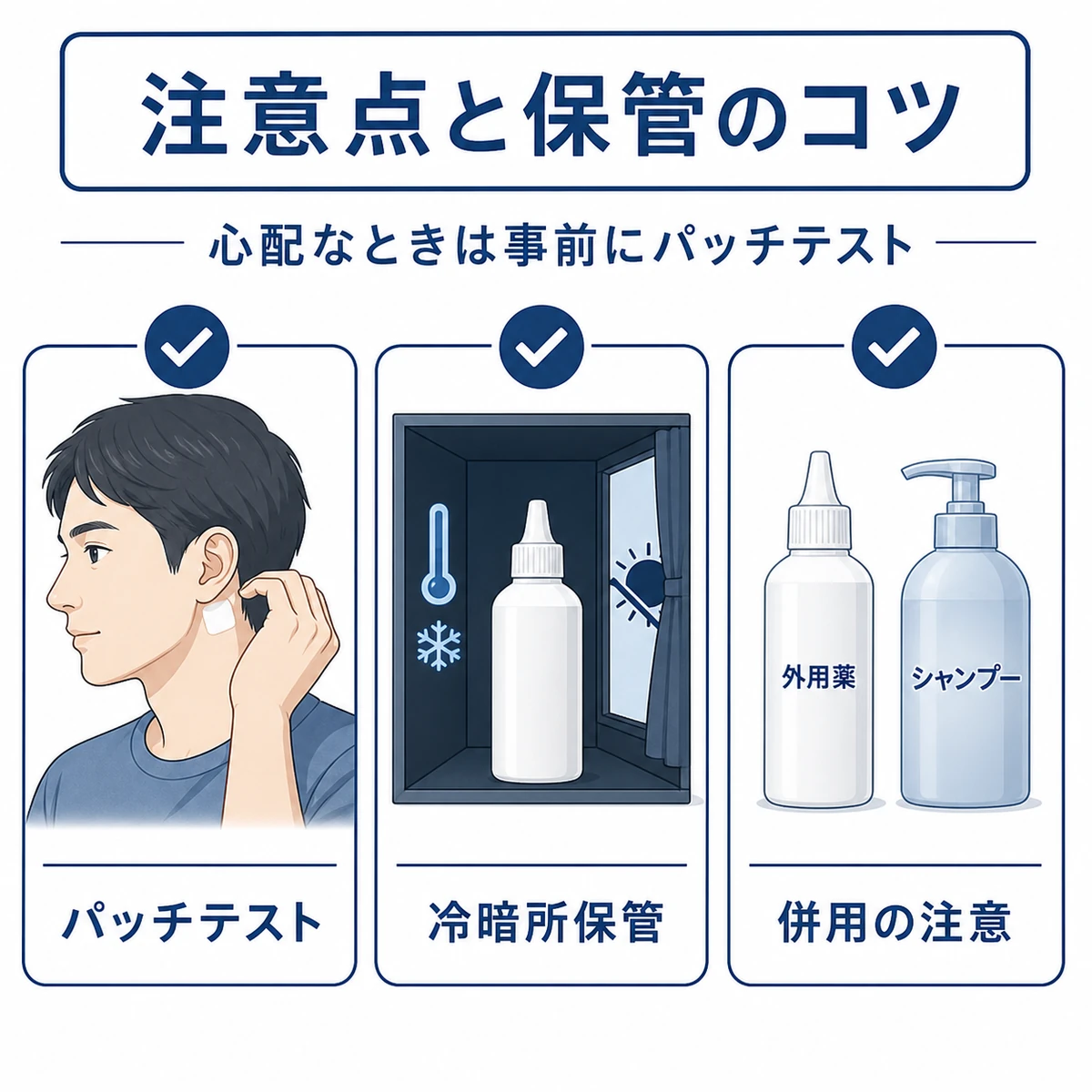 ピロクトンオラミンの使用時の注意点と保管方法を表した医療イラスト