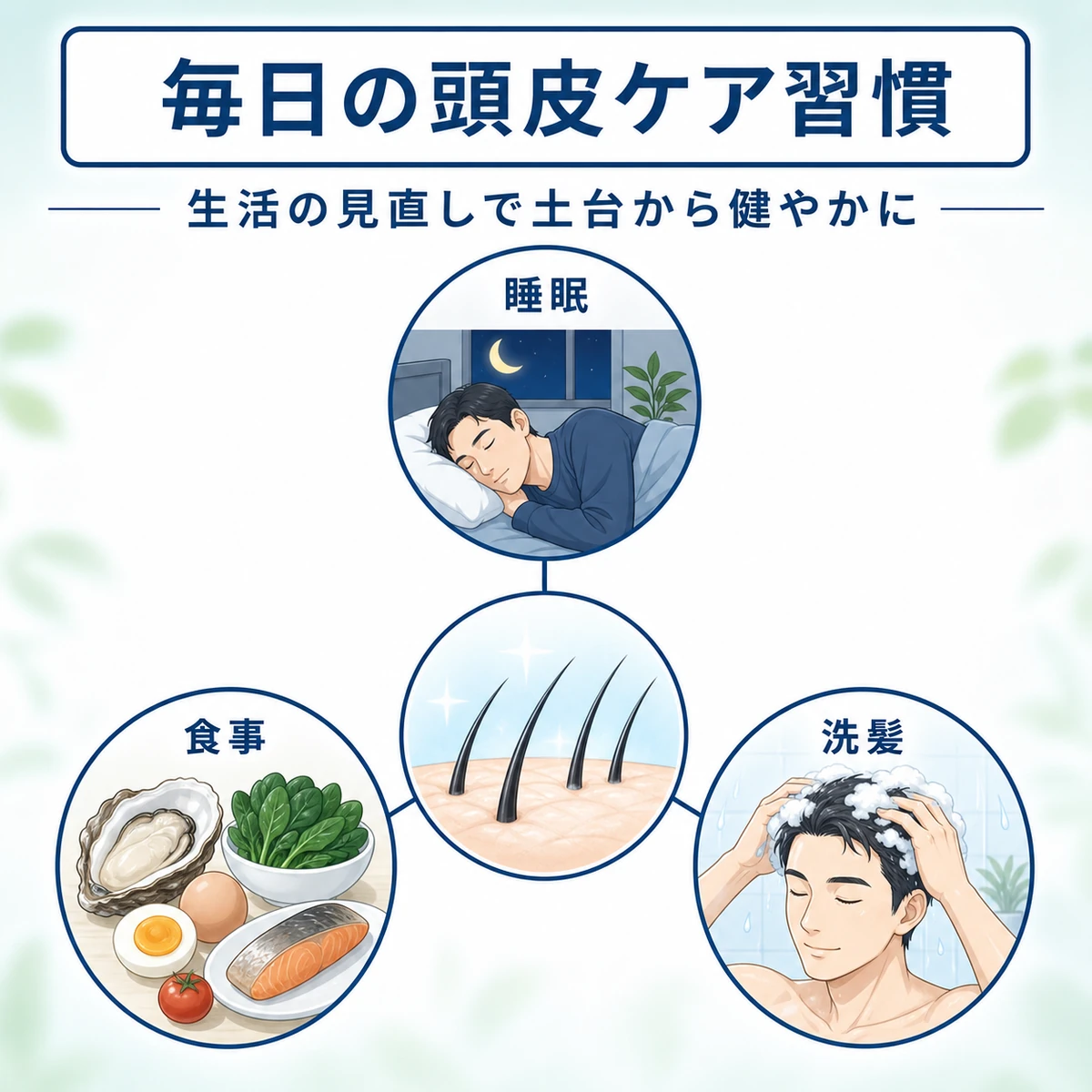頭皮ケアに役立つ睡眠・食事・洗髪の習慣を表した医療イラスト