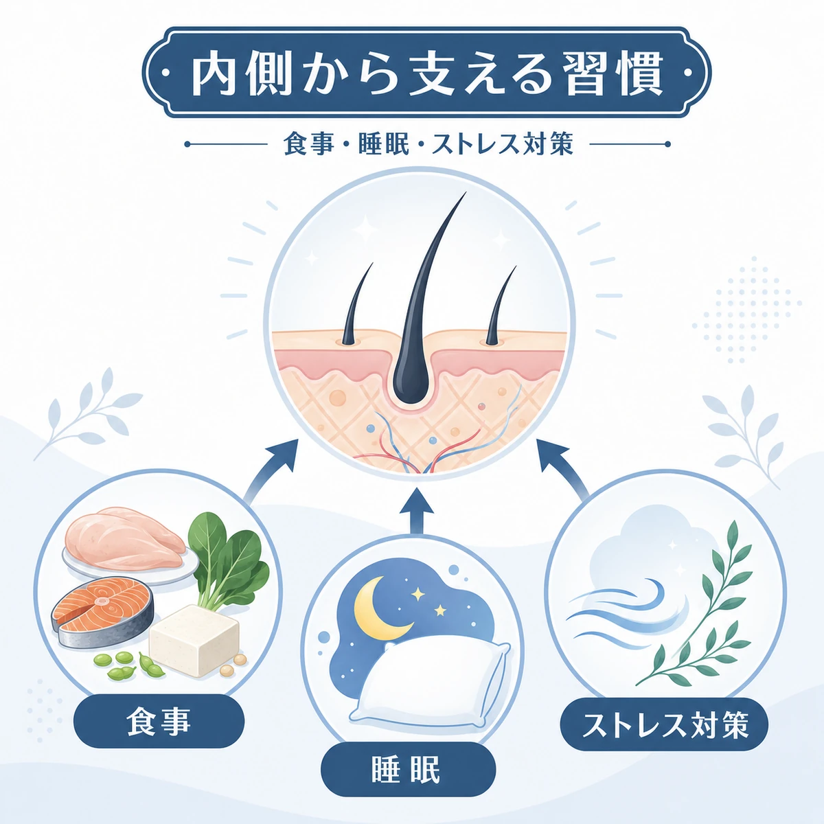食事と睡眠とストレス対策が髪の育つ土台を支えることを表した医療イラスト