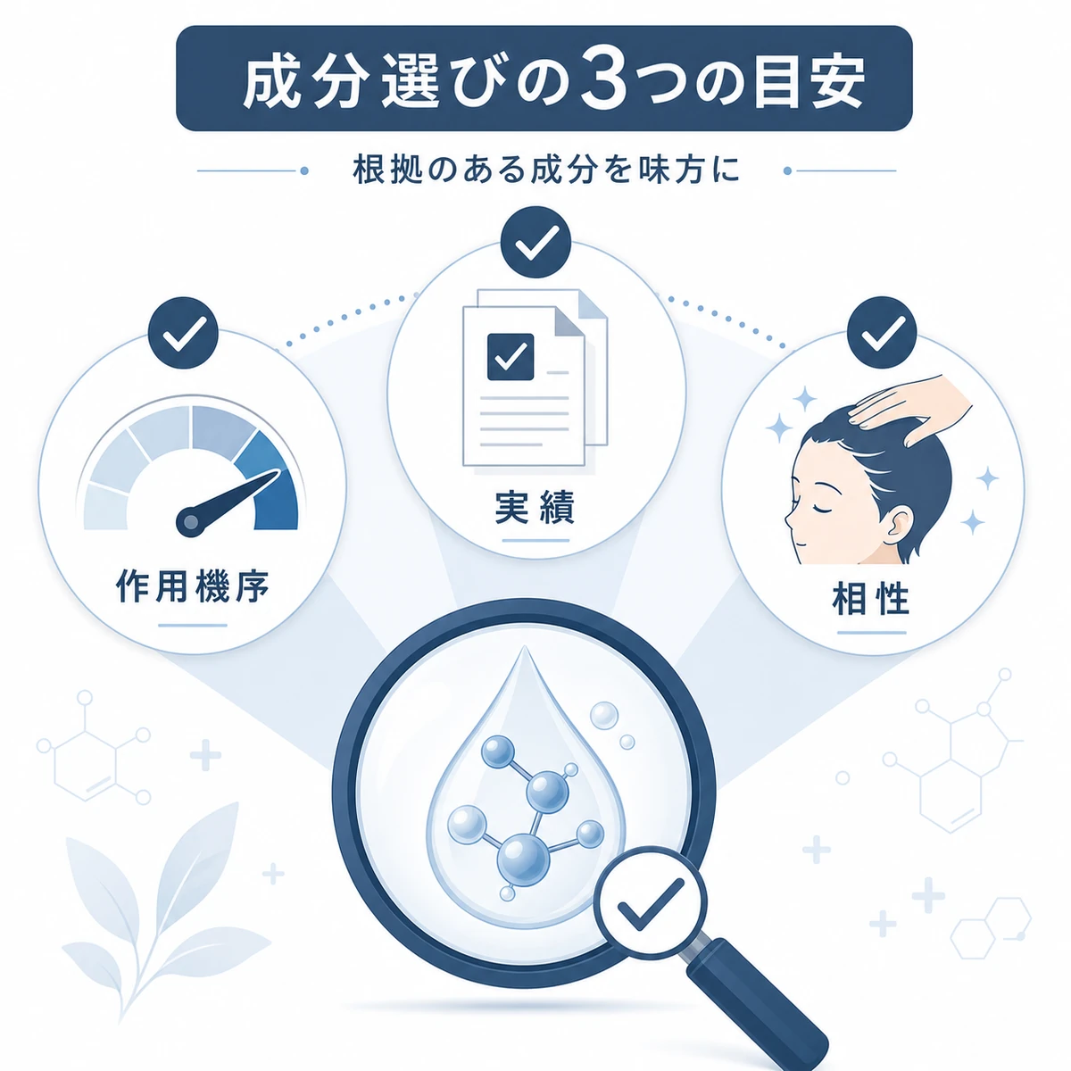 作用機序と実績と相性という成分選びの3つの目安を表した医療イラスト