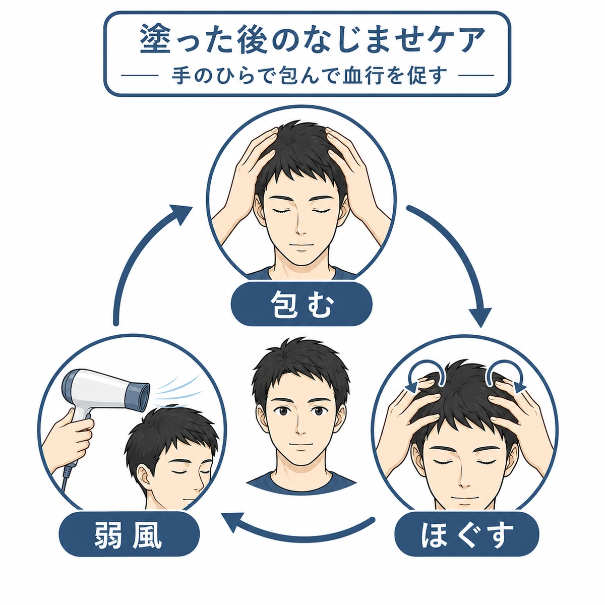ハンドプレスとマッサージとドライで浸透を助ける仕上げケアを円環で表した図解イラスト