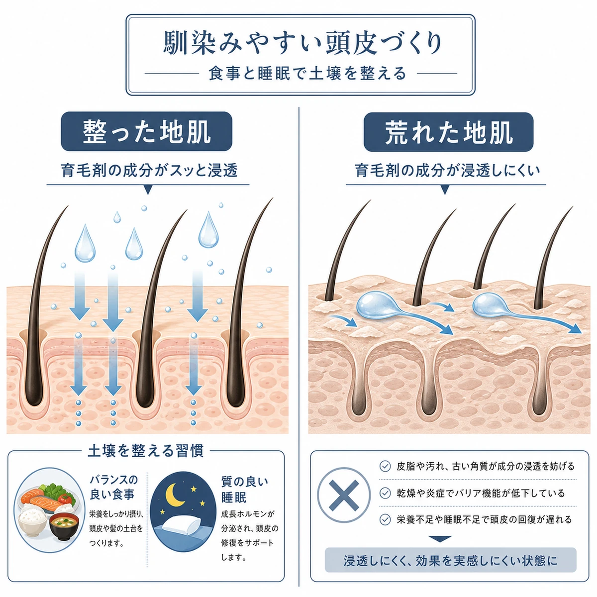 馴染みやすい頭皮と馴染みにくい頭皮を左右で比べた対比の図解イラスト