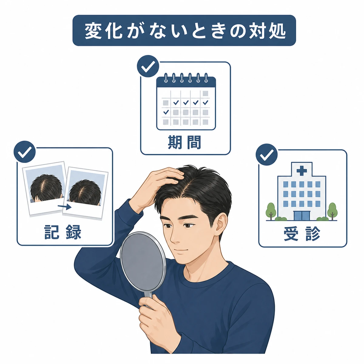 効果を感じないときに期間や記録や受診を見直す観点を並べた医療イラスト