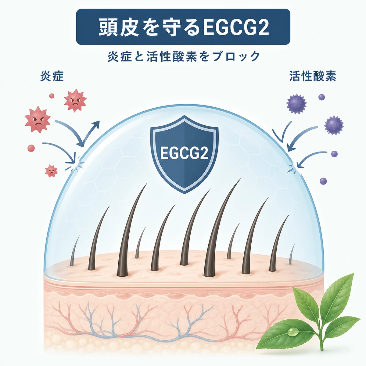EGCG2が頭皮を炎症や活性酸素から守るバリアのはたらきを表したイラスト