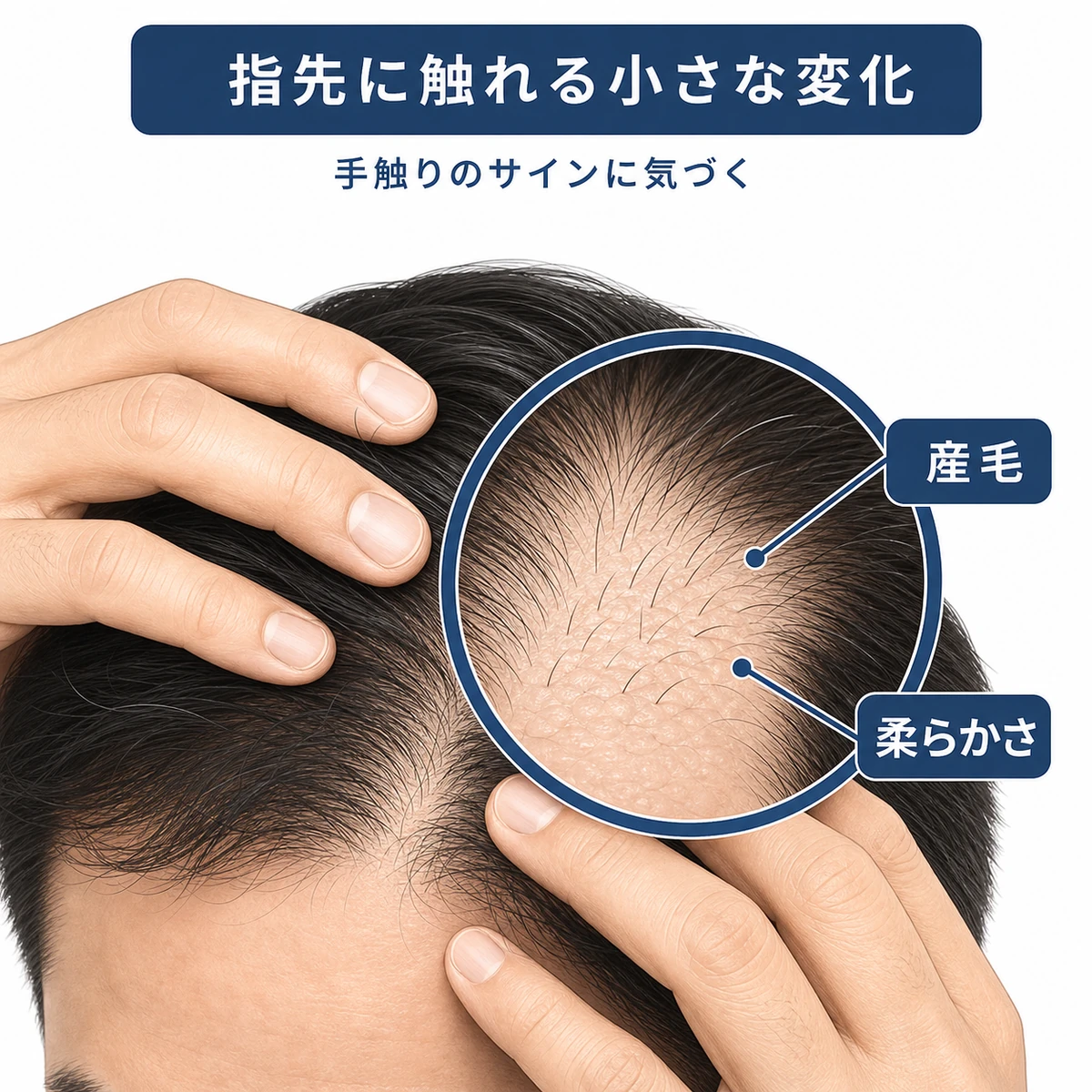 使い始めて最初の3ヶ月に指先で感じる頭皮の柔らかさや産毛など小さな変化を表した医療イラスト