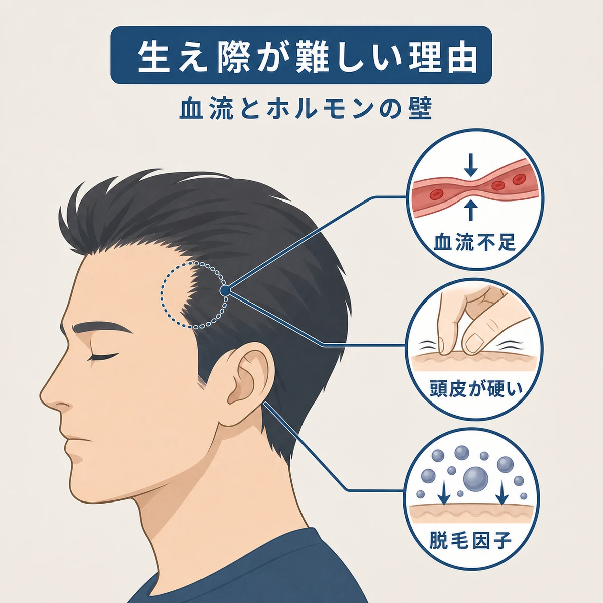生え際の改善を難しくする血流不足と頭皮の硬さと脱毛因子の三つの要因を示した医療イラスト