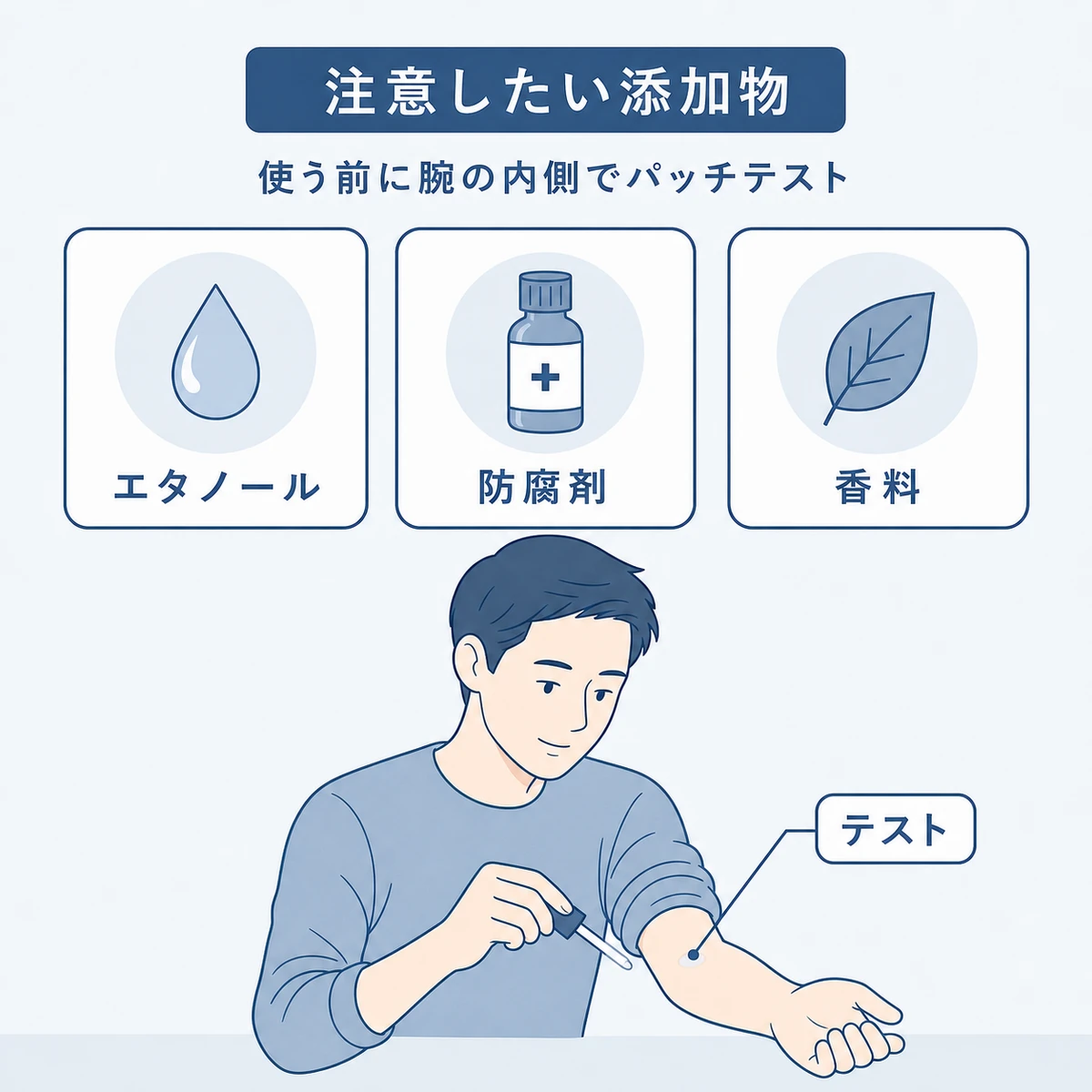 敏感肌が反応しやすい添加物とパッチテストの手順を表した医療イラスト