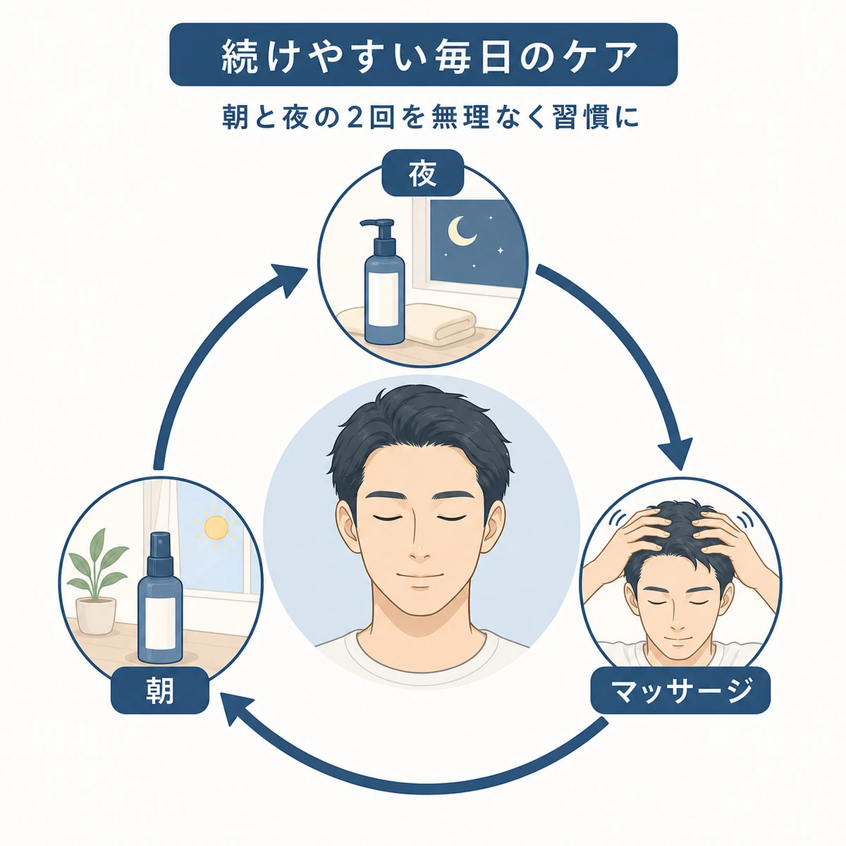 朝夜の塗布とマッサージを毎日繰り返す育毛ルーティンを表した医療イラスト