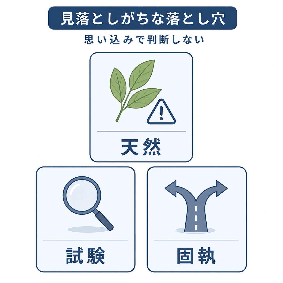 成分比較で陥りやすい3つの誤解を並べた医療イラスト