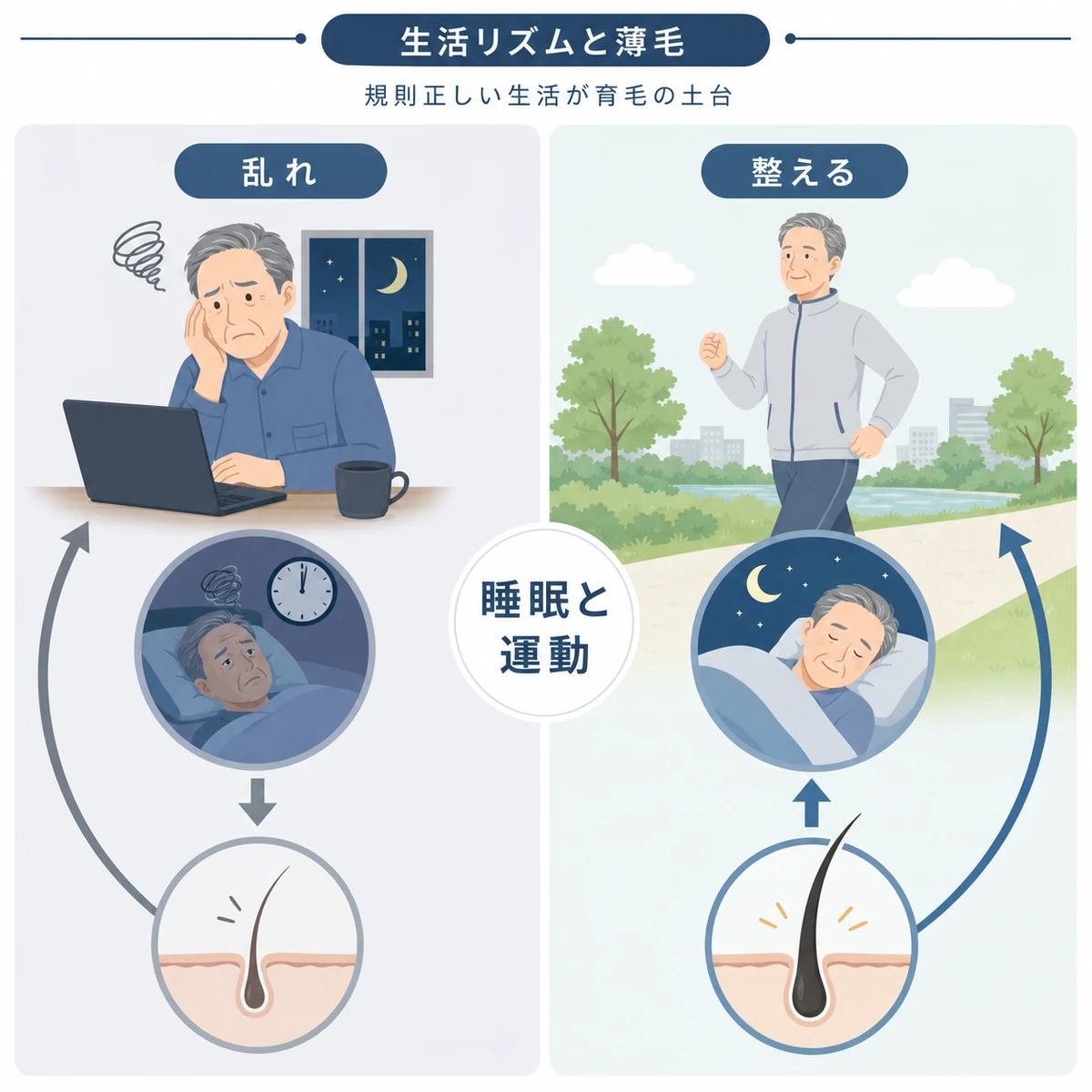 乱れた生活と規則正しい生活が薄毛に与える違いを左右で比べた医療イラスト