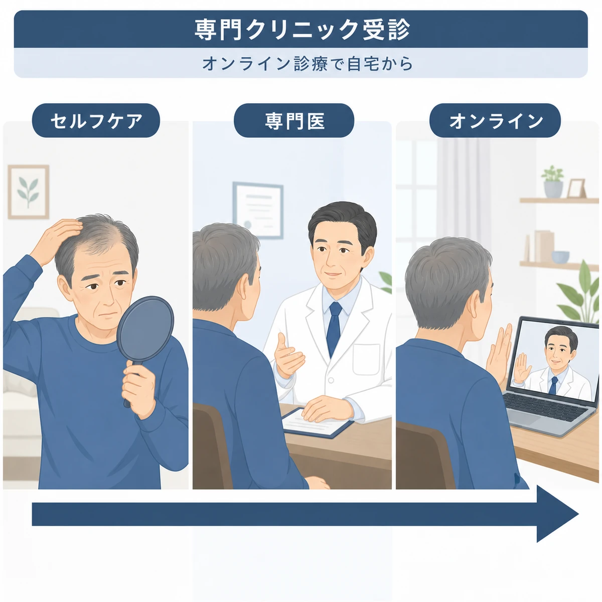 セルフケアの限界から専門医の受診やオンライン診療へ進む流れを表した医療イラスト