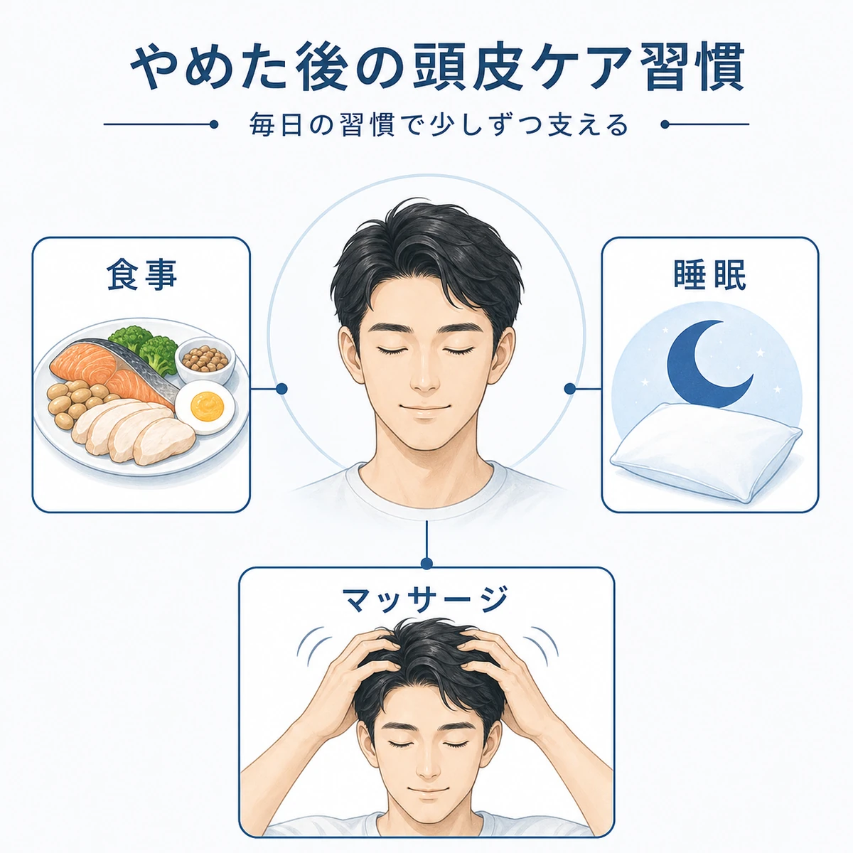 育毛剤の中止後に食事や睡眠や頭皮マッサージで頭皮環境を支えるケア習慣を表した医療イラスト