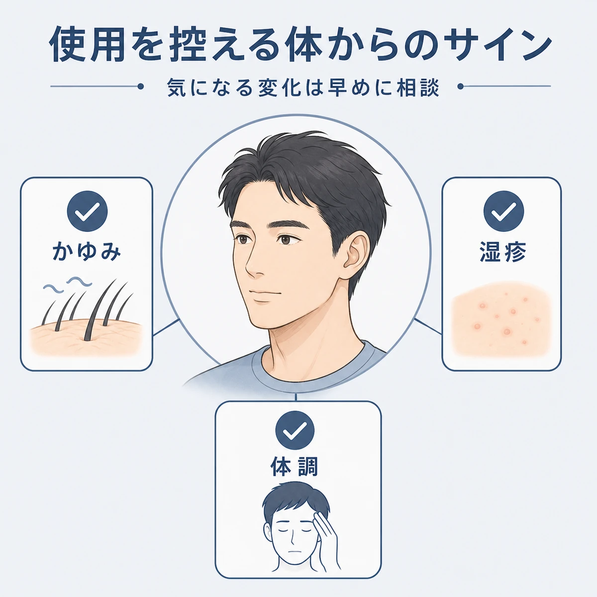 かゆみや湿疹や体調の変化など使用を控える目安となる体からのサインを表した医療イラスト