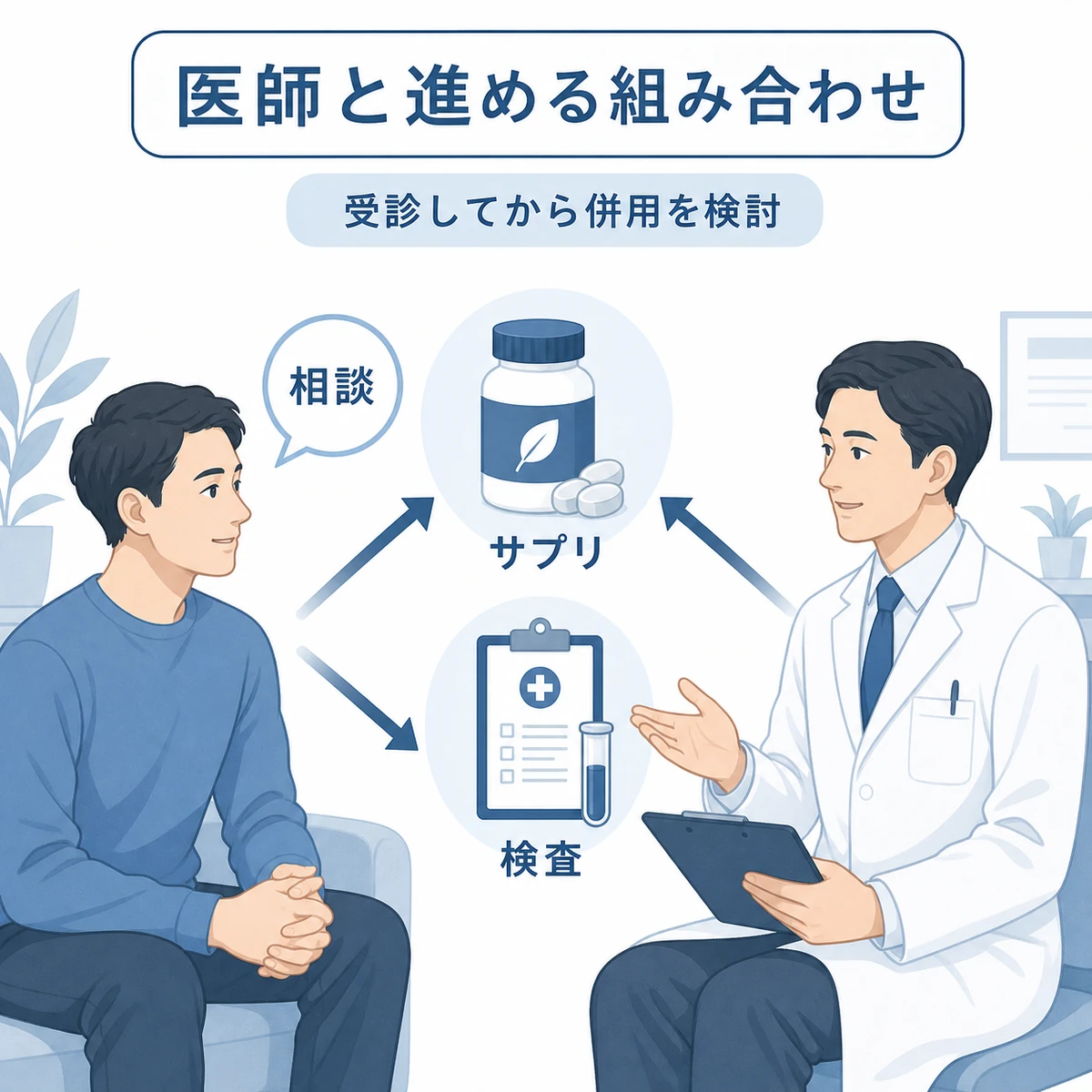 成人男性の患者が医師に相談しながらノコギリヤシと治療を組み合わせる流れを表した医療イラスト