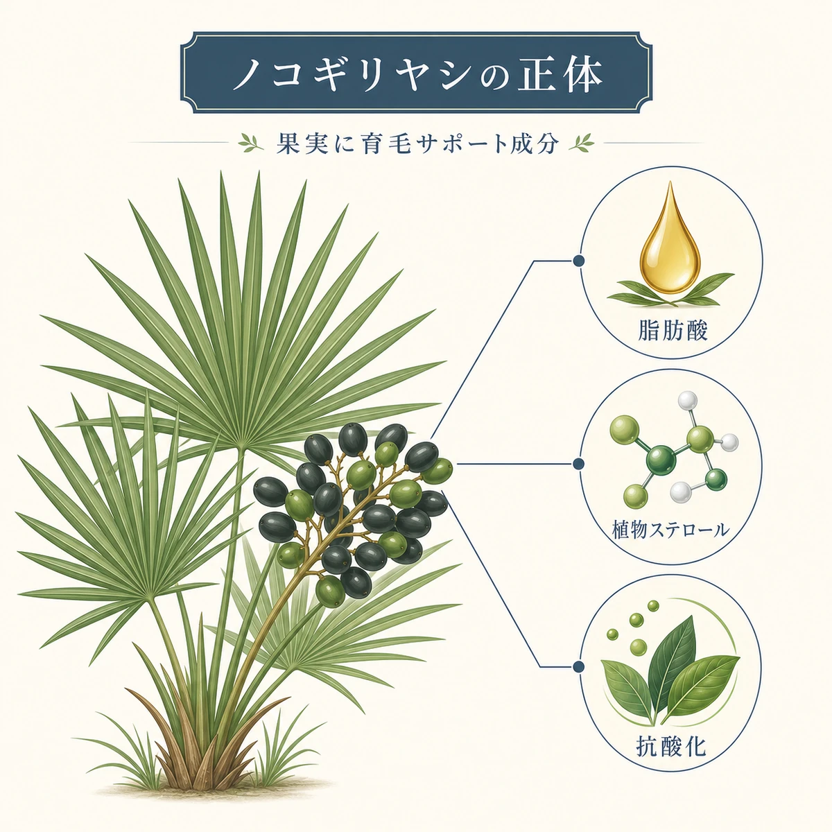 ノコギリヤシの果実に含まれる主要成分を植物図鑑風にまとめた医療イラスト