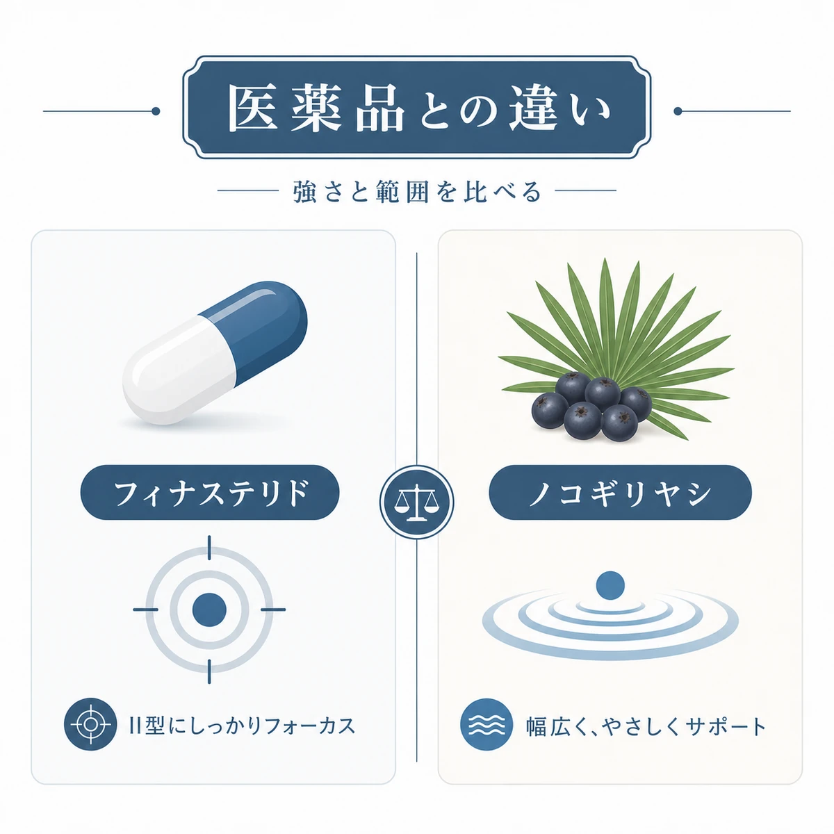 フィナステリドとノコギリヤシの作用の強さと範囲の違いを左右で比べた医療イラスト