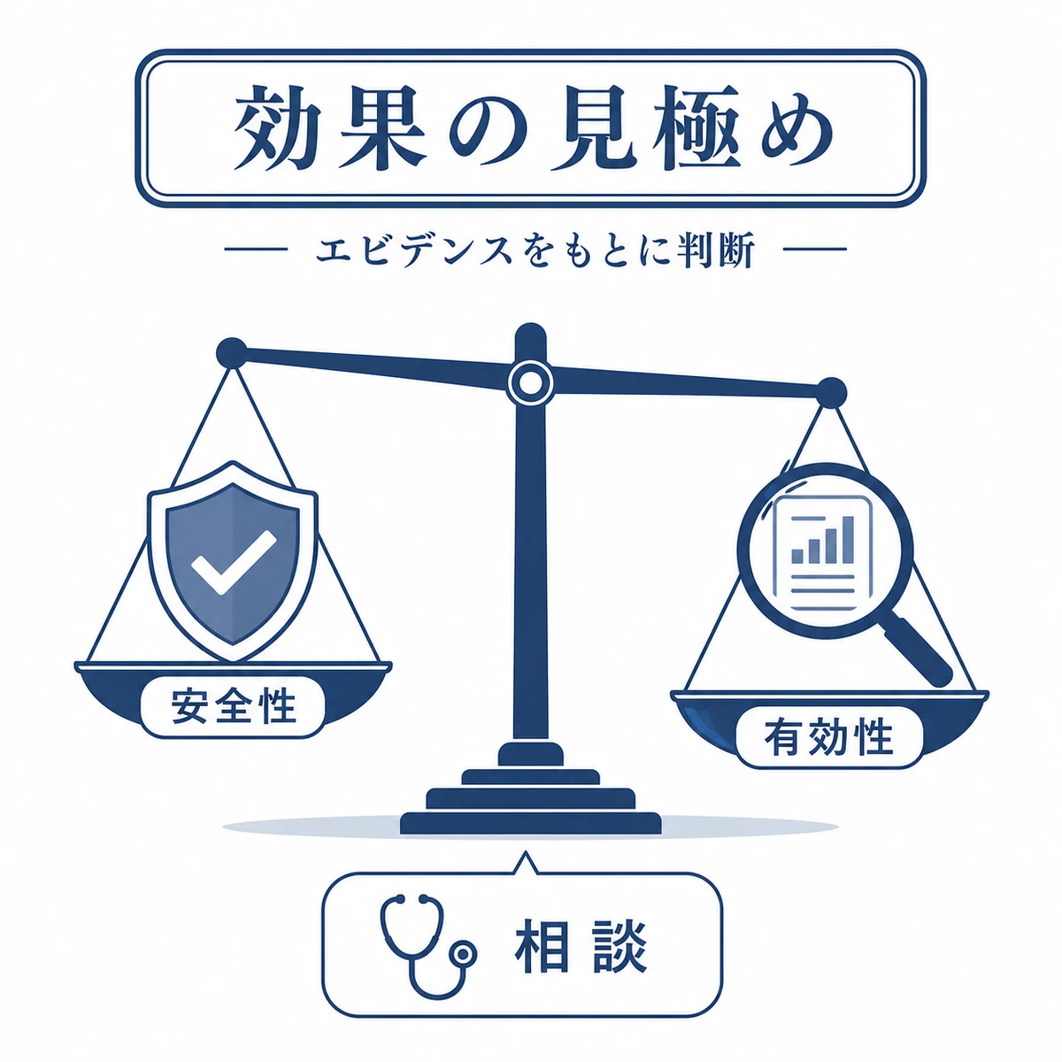 ノコギリヤシの安全性と有効性を天秤で冷静に見極める姿勢を表した医療イラスト