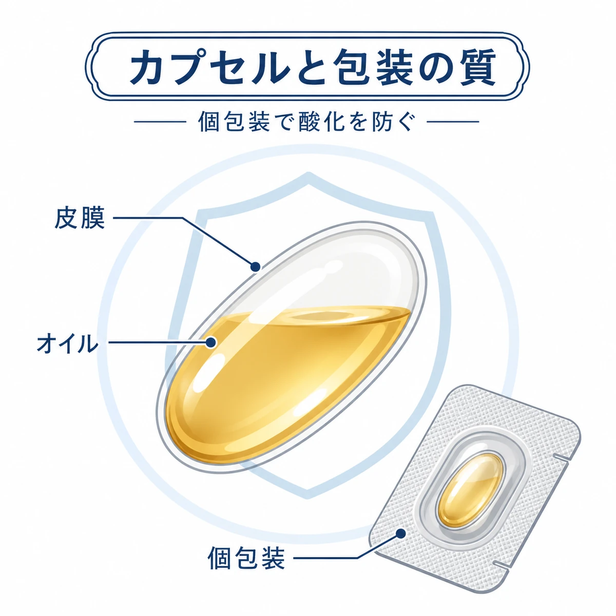 ソフトカプセルの断面と個包装で中身の酸化を防ぐ仕組みを表した医療イラスト