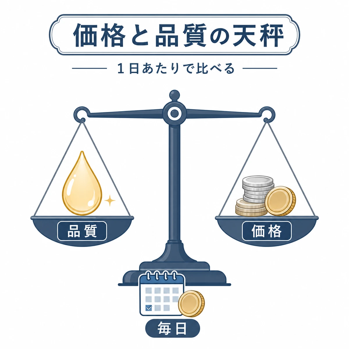 サプリの品質と価格を天秤で釣り合わせ1日あたりで比べる考え方を表した医療イラスト