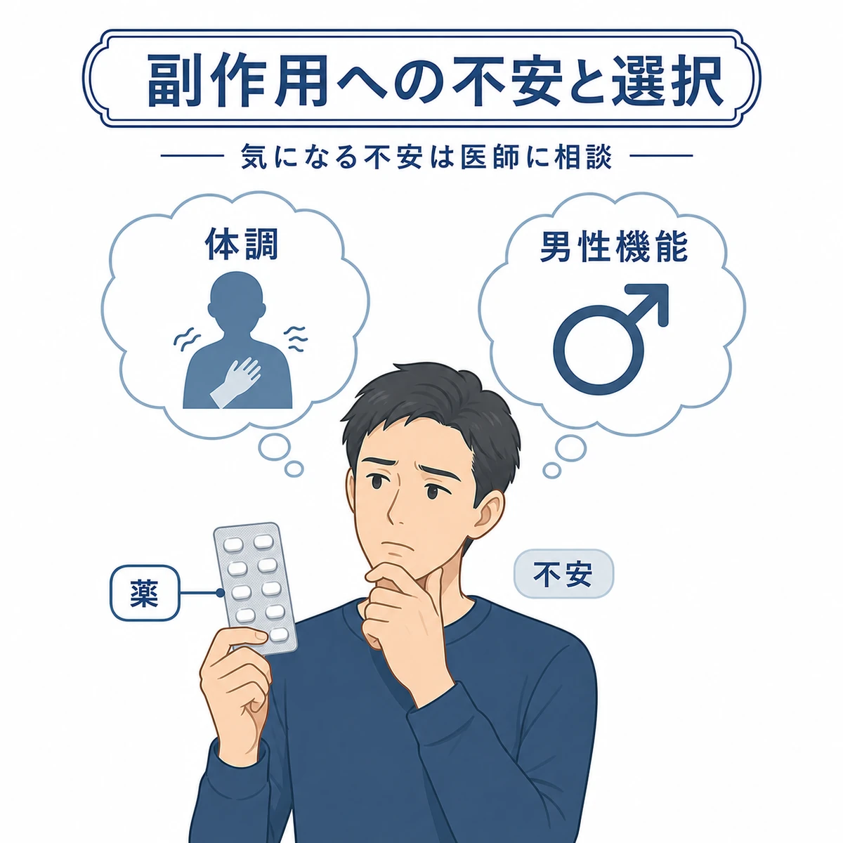 フィナステリドの副作用に不安を感じ服用を迷う男性の心情を表した医療イラスト
