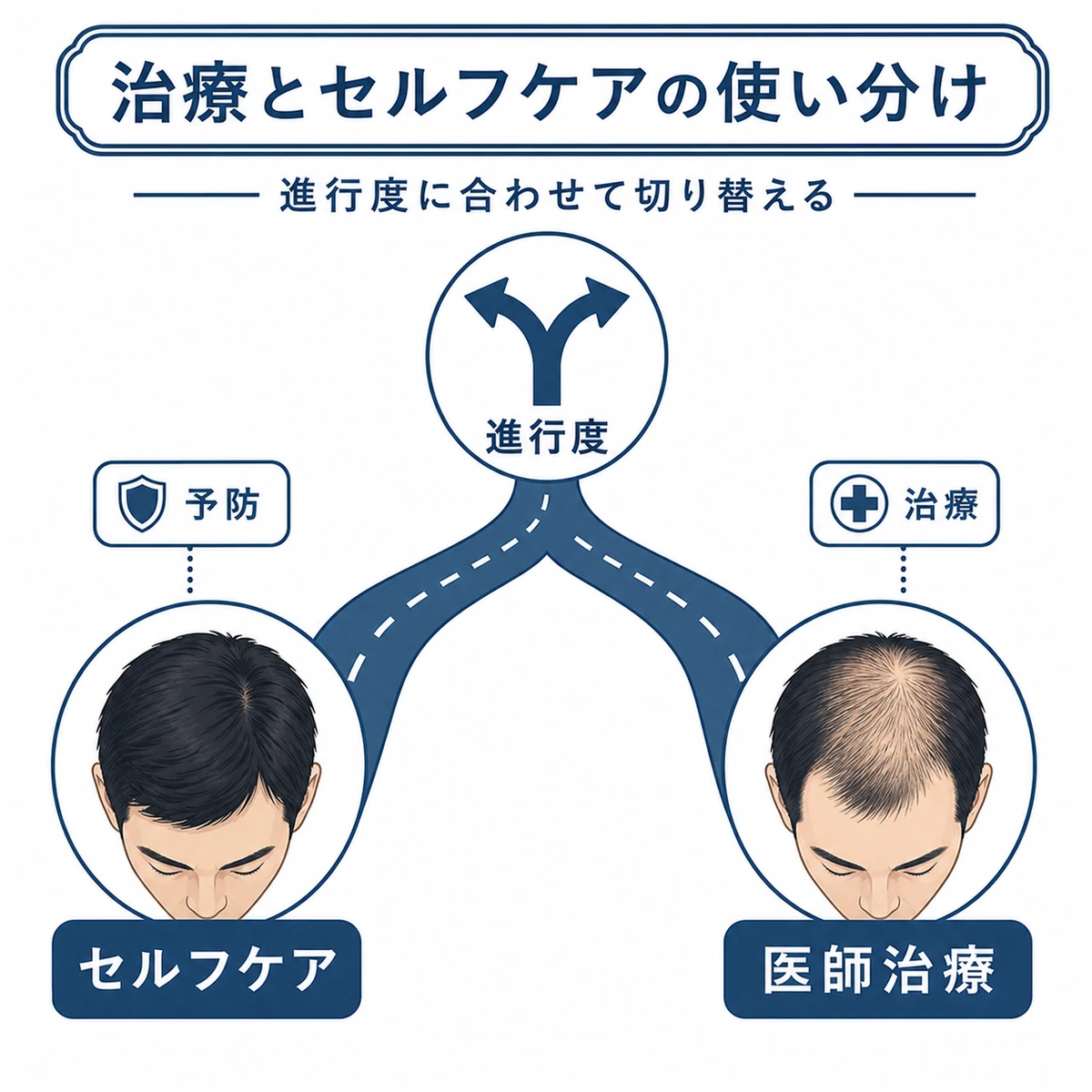 薄毛の進行度に応じて民間療法と医学的治療を使い分ける判断の分かれ道を表した医療イラスト