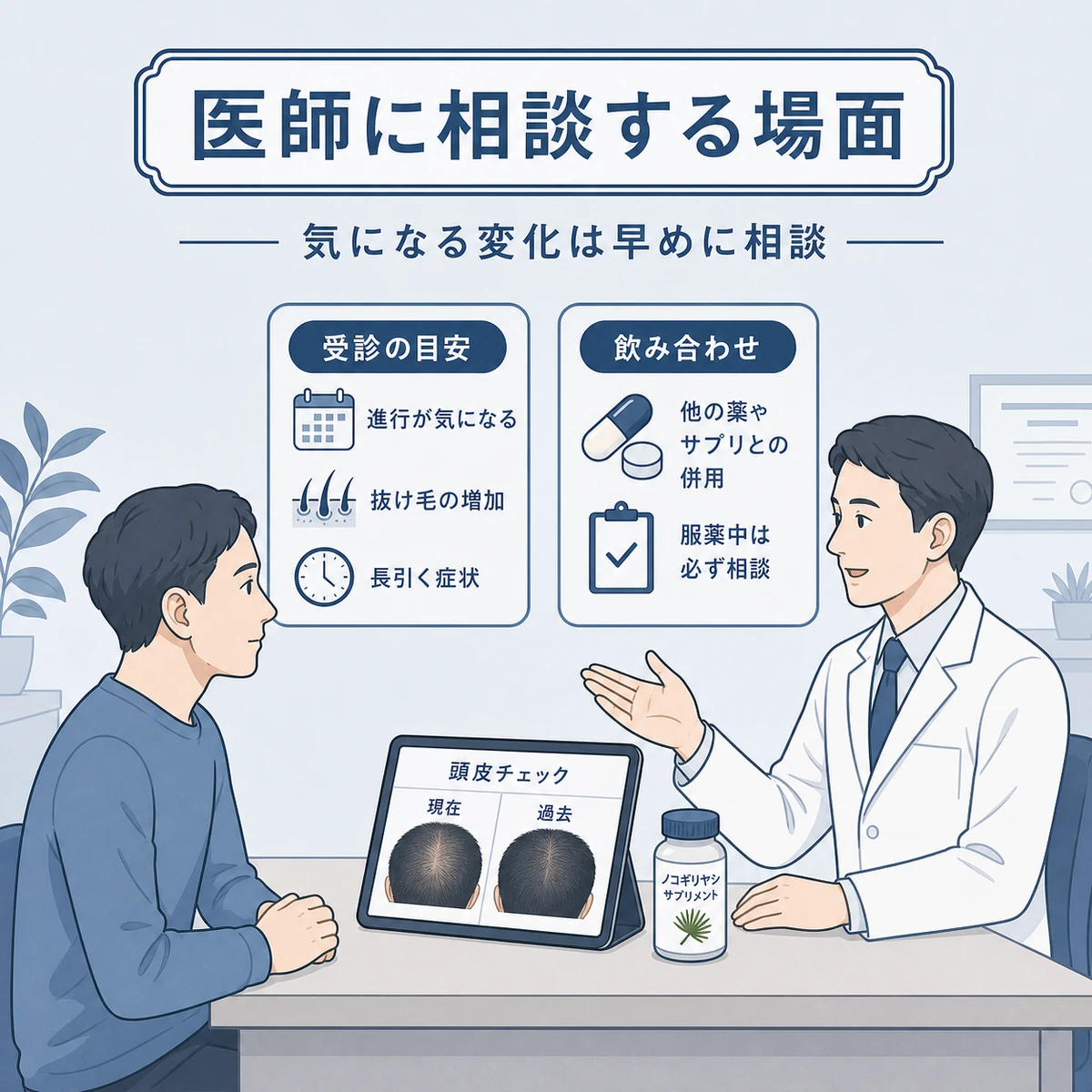 成人男性が医師にノコギリヤシや亜鉛の使用を相談する場面を表した医療イラスト