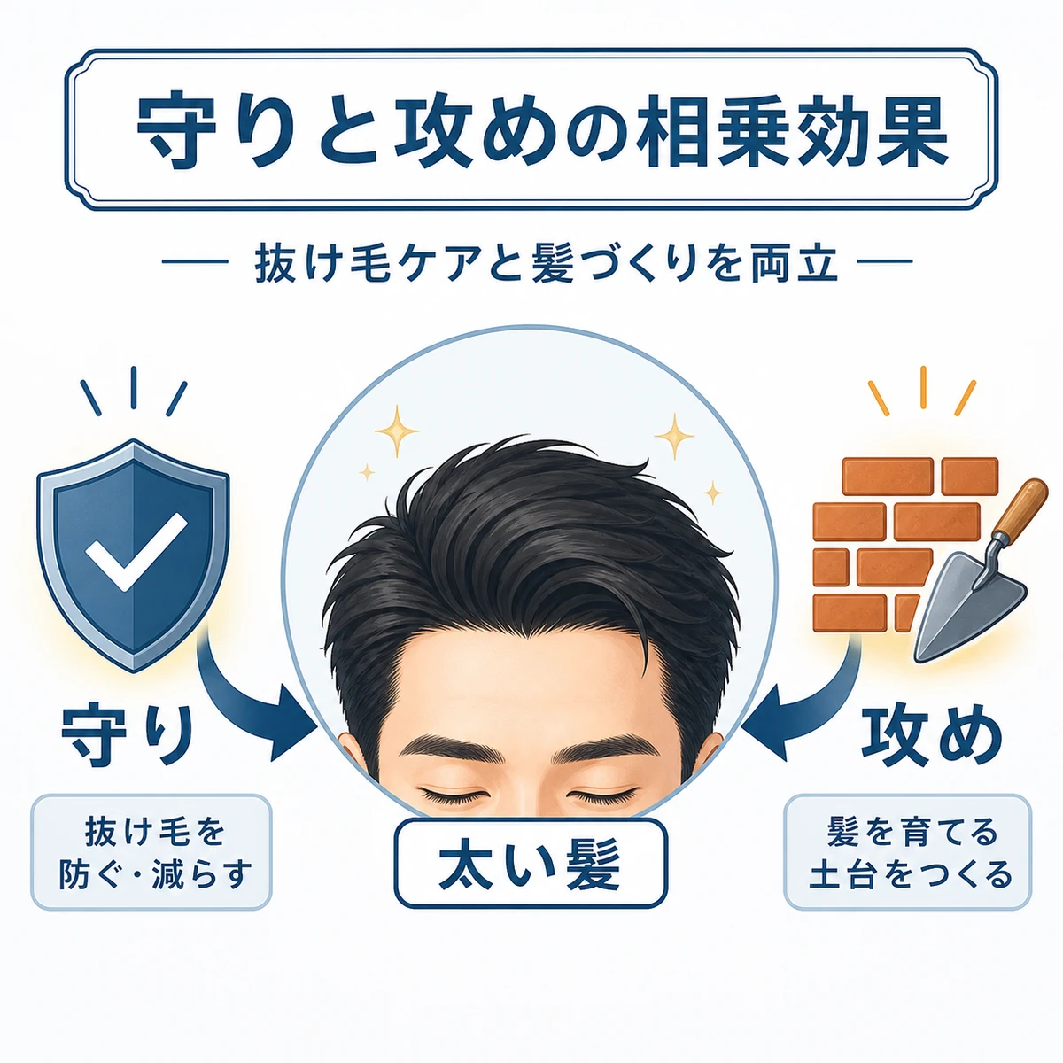 ノコギリヤシの守りと亜鉛の攻めが合わさり太い髪を育てる相乗効果を表した医療イラスト