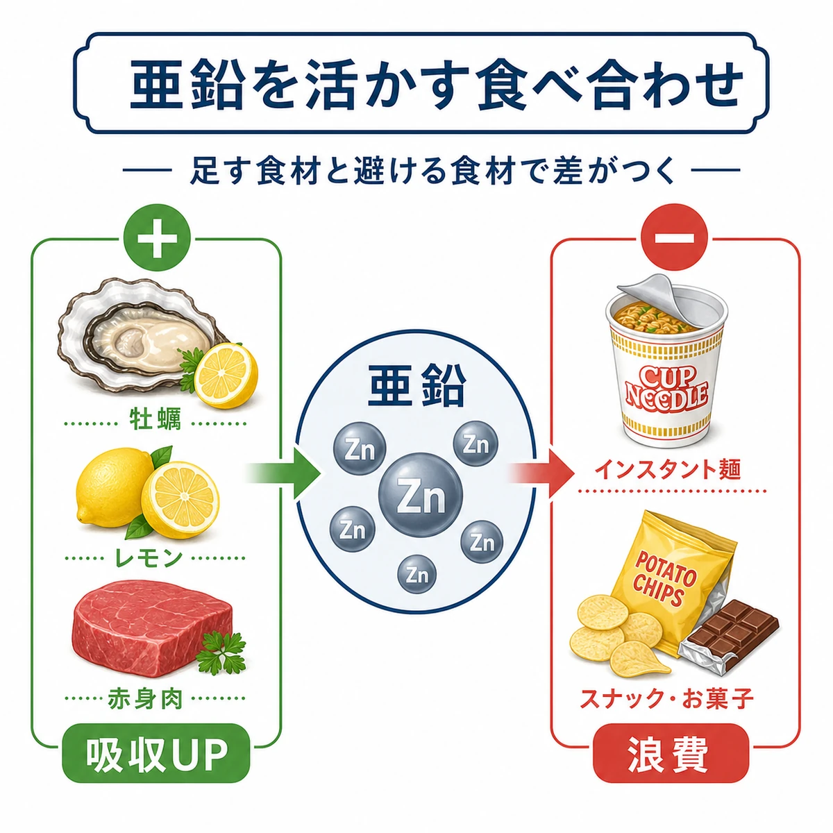 亜鉛の吸収を高める食材と浪費させる加工食品の食べ合わせの違いを表した医療イラスト