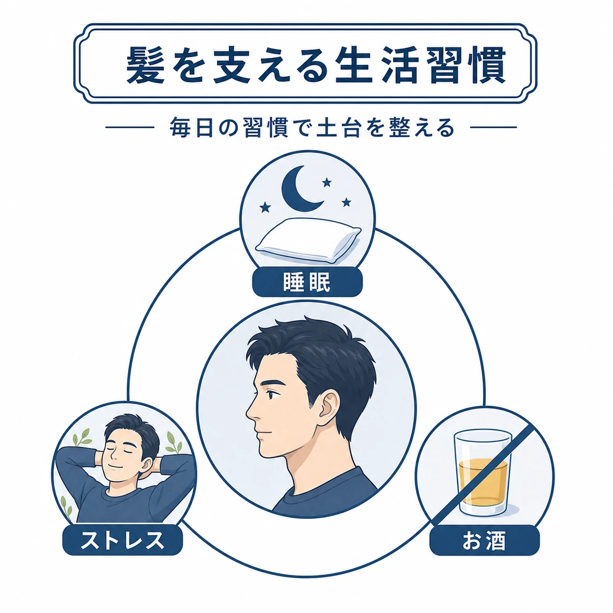睡眠とストレスと飲酒の生活習慣が髪の土台を支える関係を表した医療イラスト