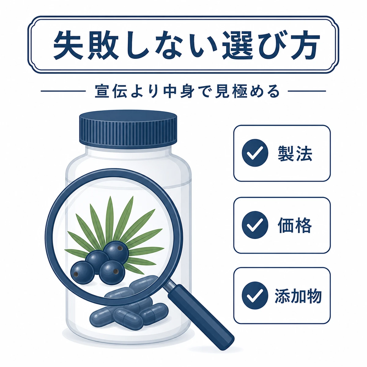 製法と価格と添加物を虫眼鏡で見極めるサプリメントの選び方を表した医療イラスト