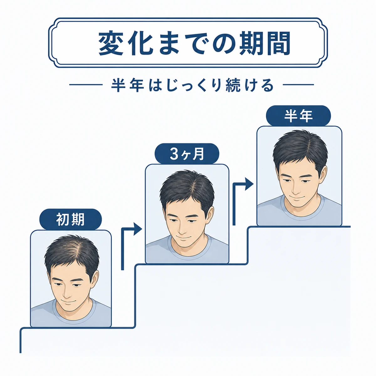 初期から半年へと段階的に髪が整っていく変化までの期間を表した医療イラスト