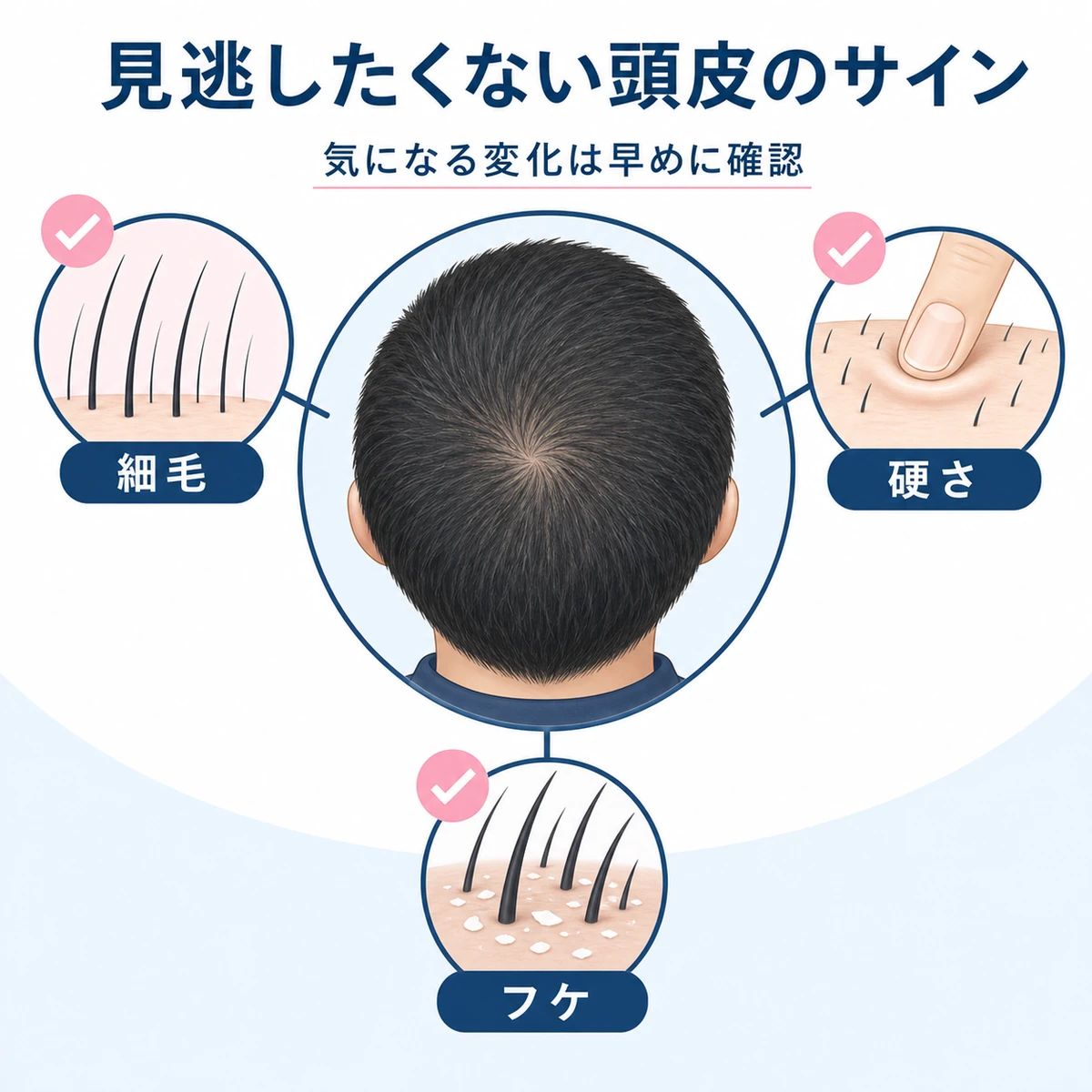 頭皮のバリア低下を知らせる細毛や硬さフケなどのセルフチェック項目を表した医療イラスト