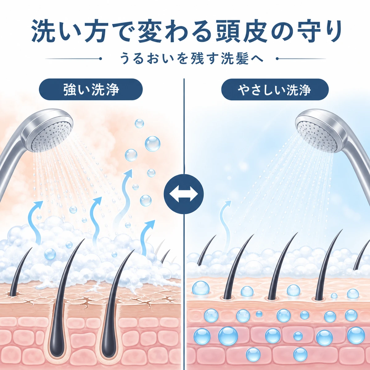 強い洗浄とやさしい洗浄で頭皮のうるおいがどう変わるかを比べた医療イラスト