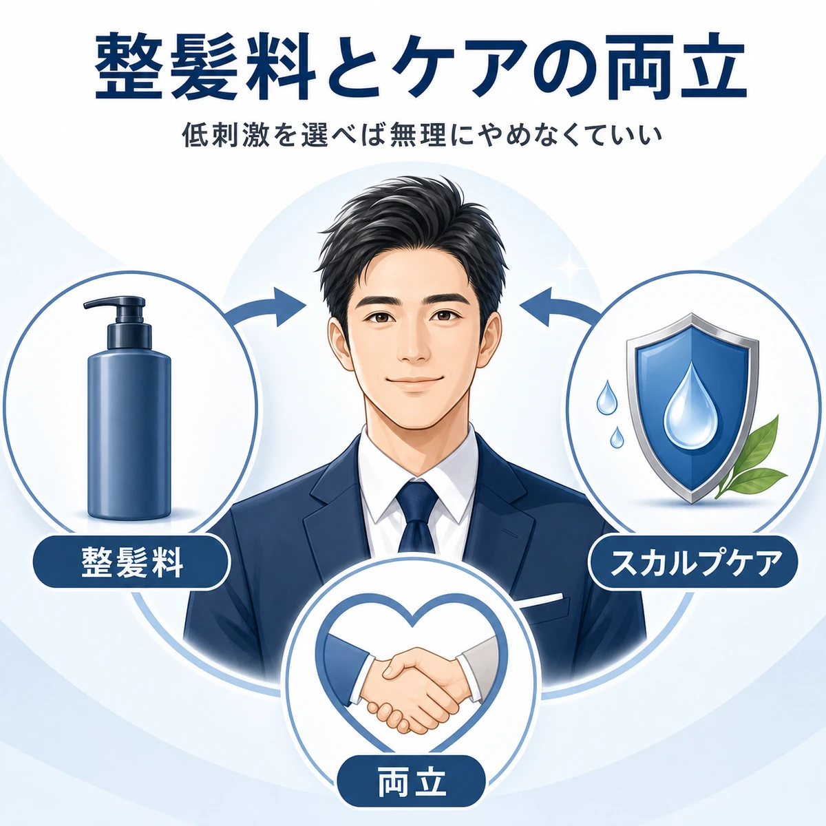 整髪料選びとスカルプケアを両立する男性を中央に描いた医療イラスト