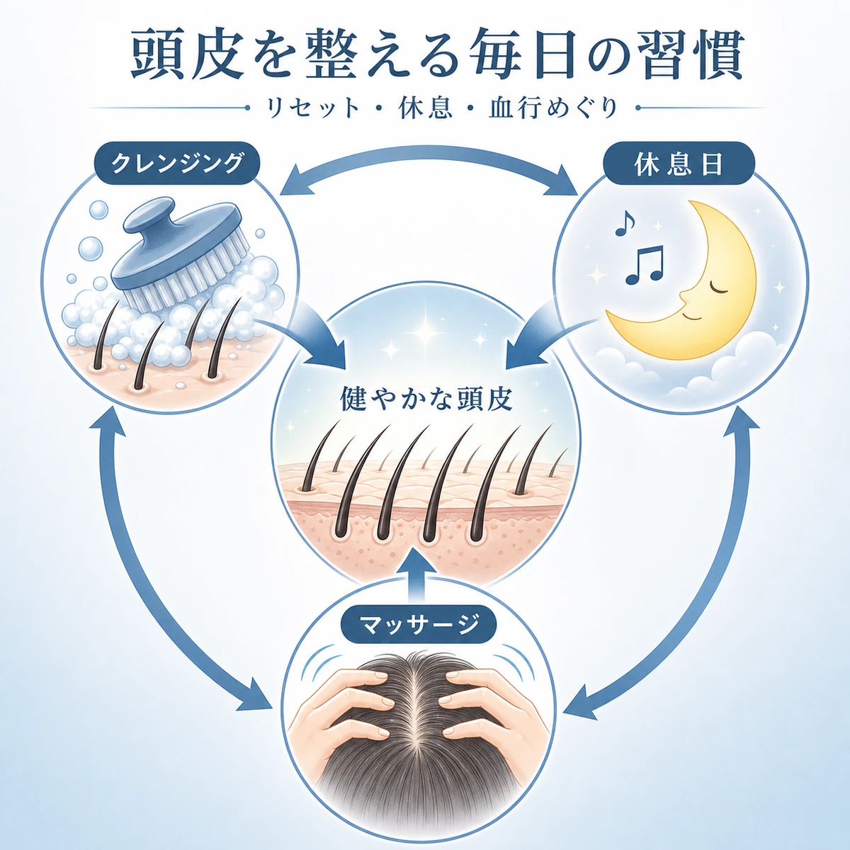 頭皮を整える三つの毎日の習慣を循環で表した医療イラスト