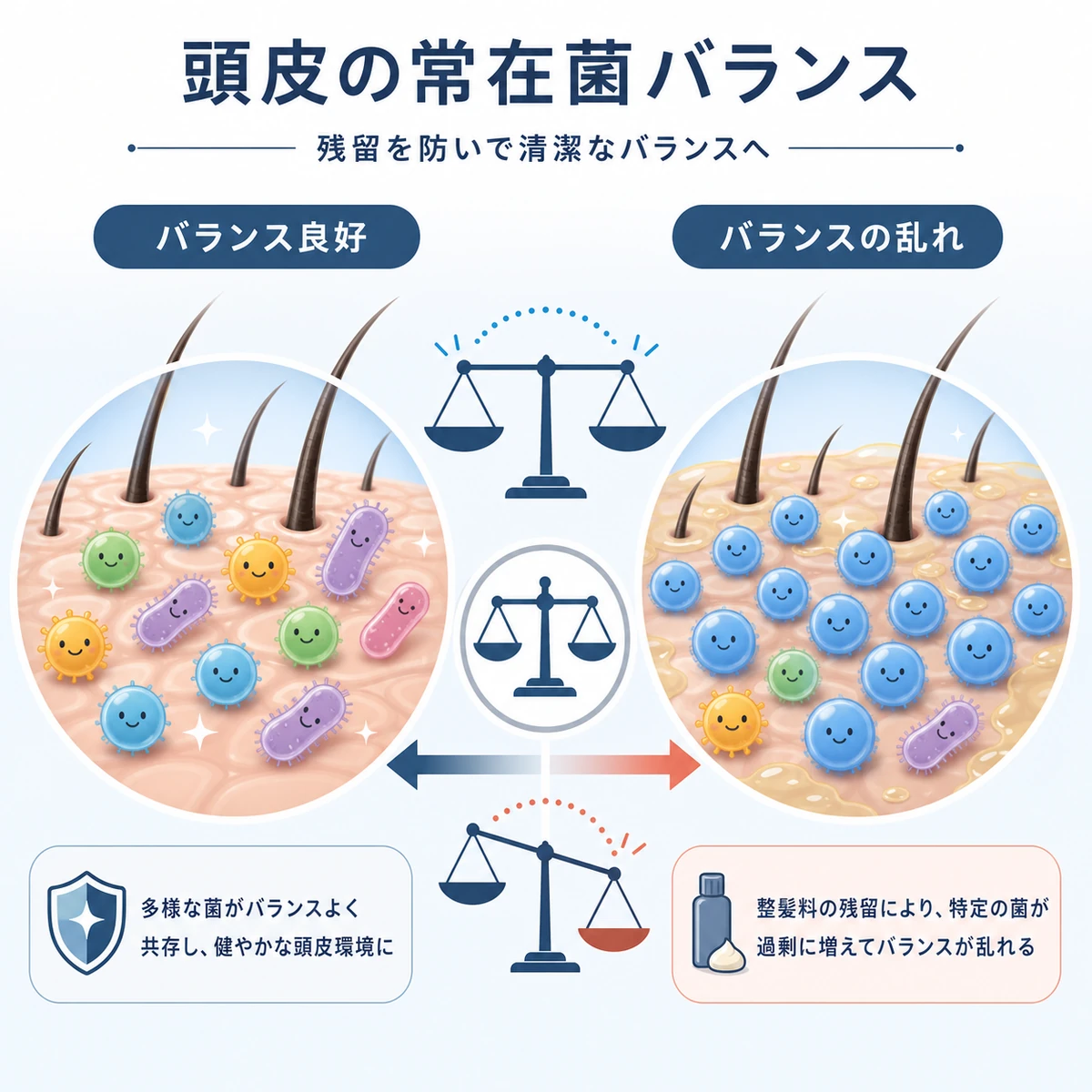 頭皮の常在菌バランスが整った状態と乱れた状態を対比した医療イラスト