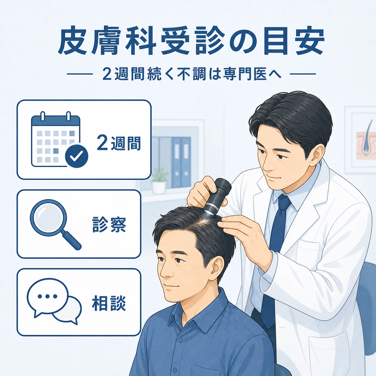 頭皮トラブルが続くとき男性が皮膚科の男性医師に相談する受診の目安を表した医療イラスト