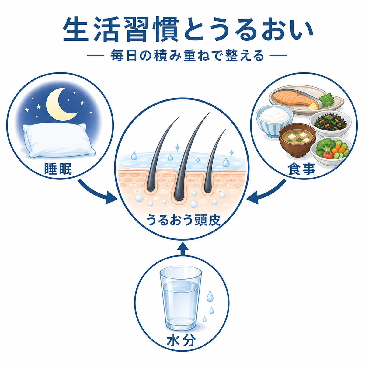 睡眠と食事と水分補給が頭皮のうるおいを支える関係を表した医療イラスト