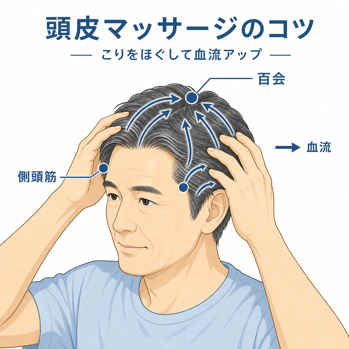 側頭筋と百会のツボをほぐして血流を促す頭皮マッサージを表した医療イラスト