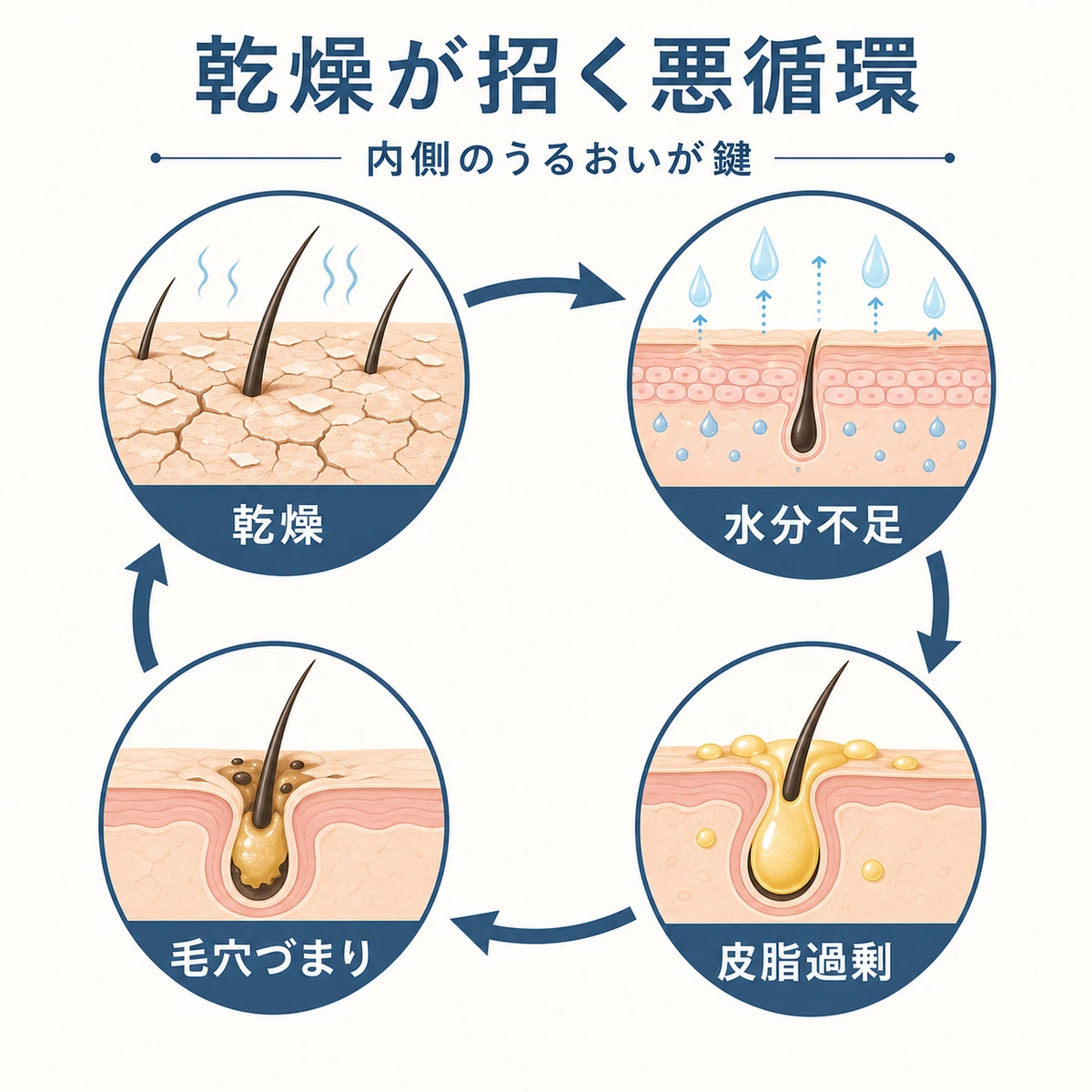 頭皮の乾燥から皮脂過剰、毛穴づまりへと巡る悪循環を円環で表した医療イラスト