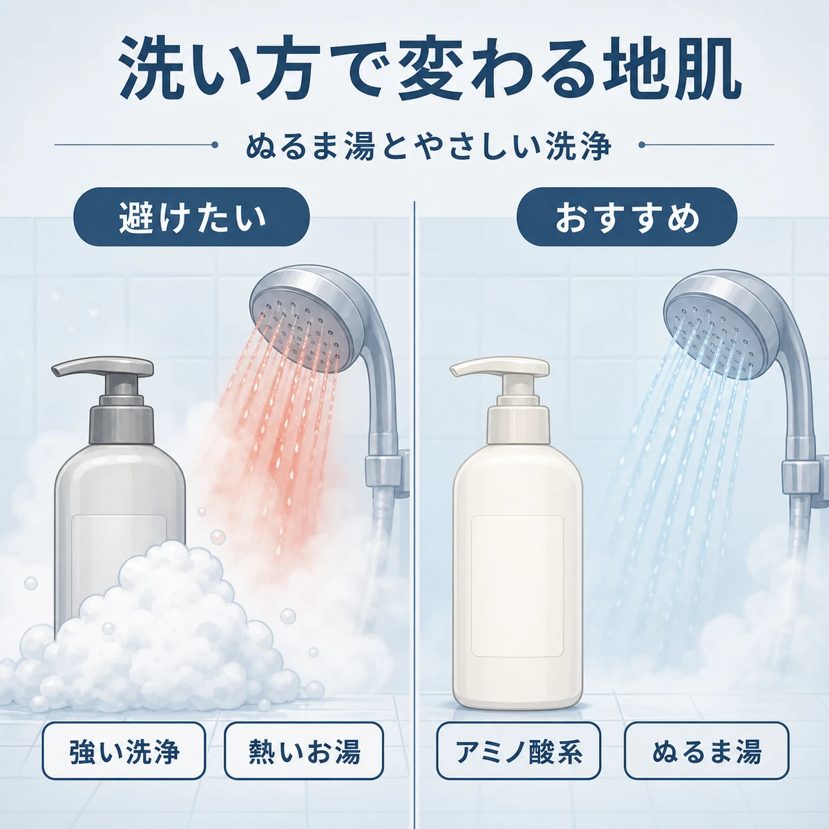 強い洗浄と熱い湯を避けアミノ酸系とぬるま湯を選ぶ洗い方の違いを対比した医療イラスト