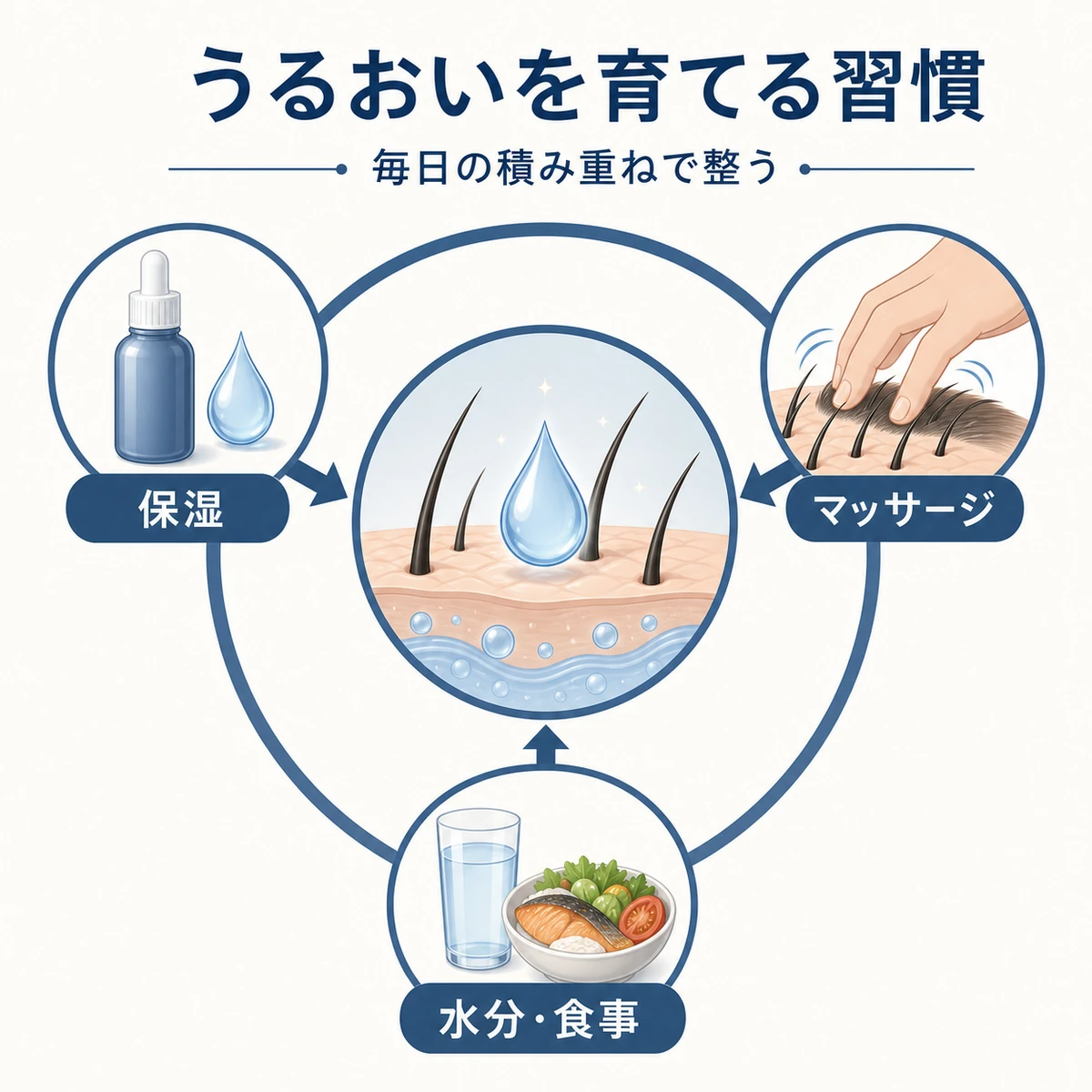 保湿とマッサージと水分補給の三つで健やかな地肌を育てるケアを放射状に示した医療イラスト