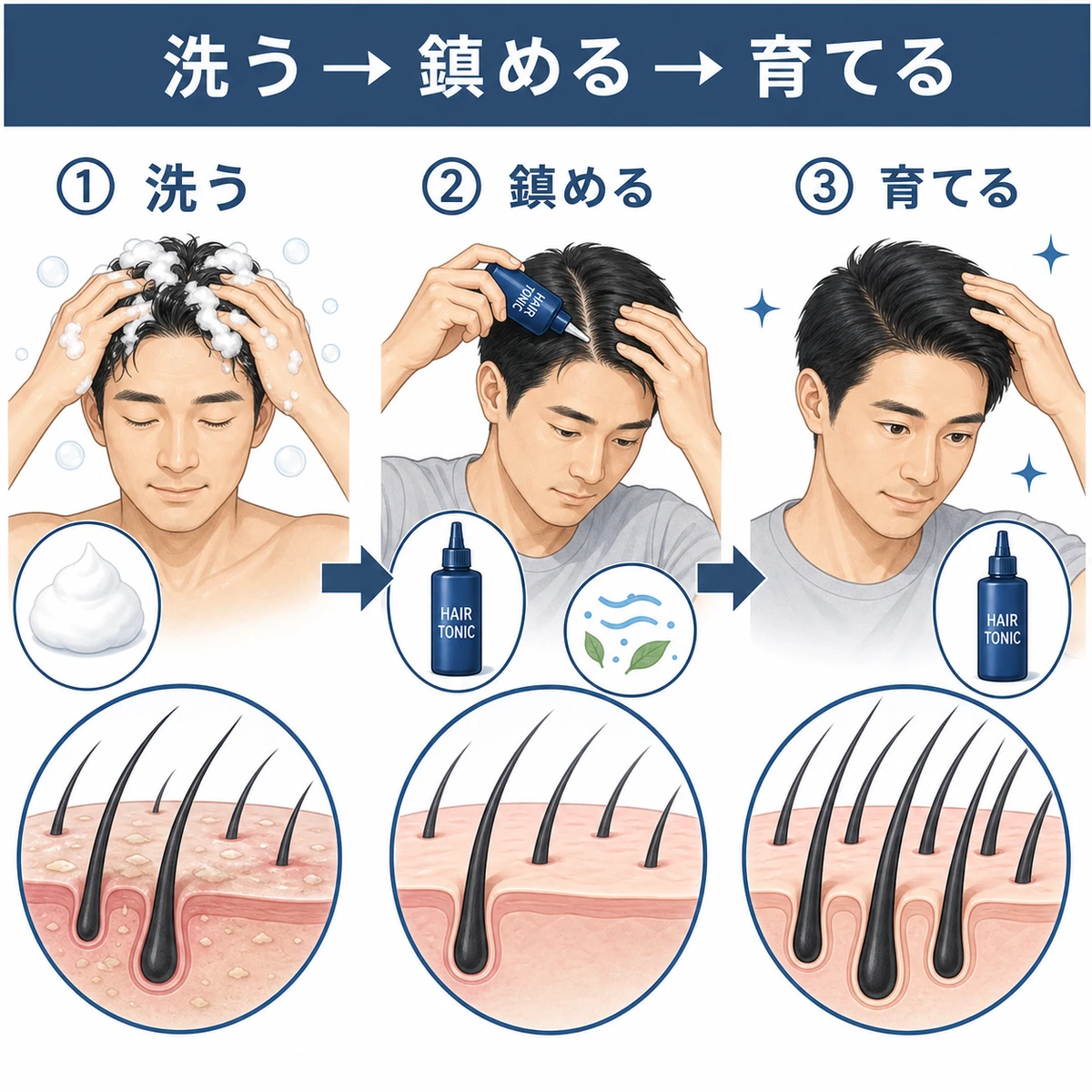 洗う・鎮める・育てるの3ステップで頭皮ケアを進める手順を表した医療イラスト
