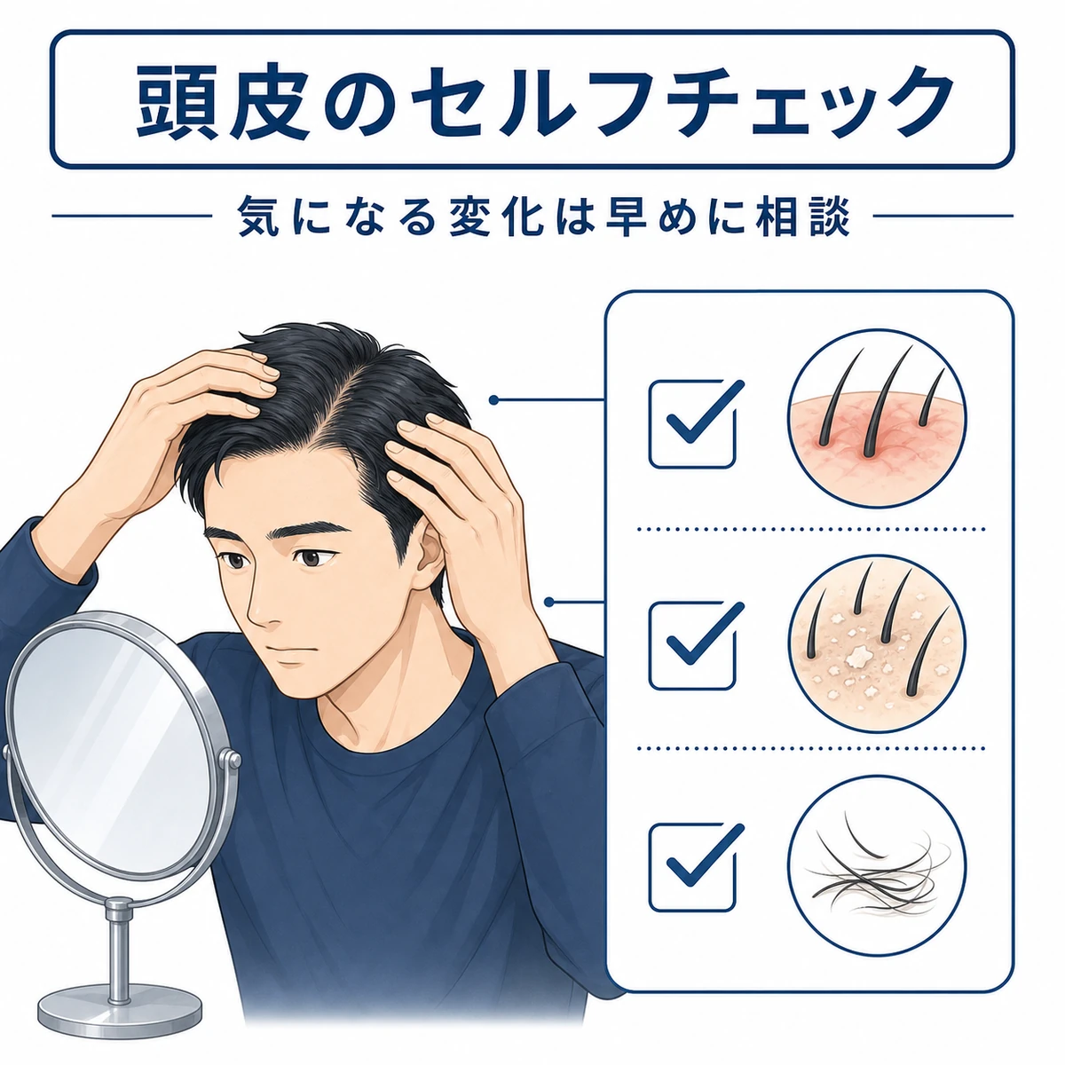 赤みやフケやかゆみを確認する頭皮のセルフチェック項目を表した医療イラスト