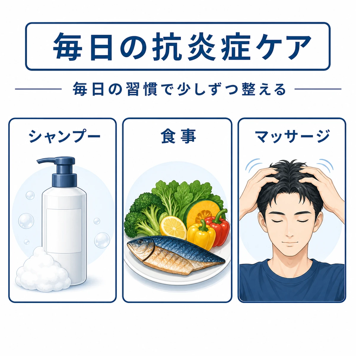 薬用シャンプーや食事やマッサージなど頭皮の抗炎症ケアの分類を表した医療イラスト