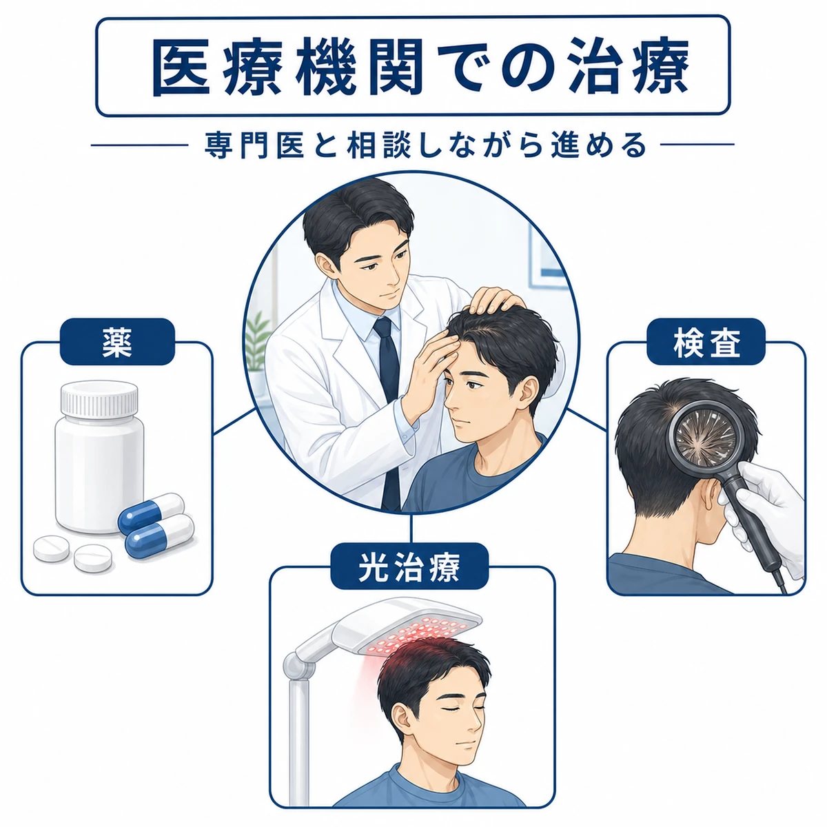 薬や検査や光治療など医療機関で受けられる頭皮炎症治療の選択肢を表した医療イラスト
