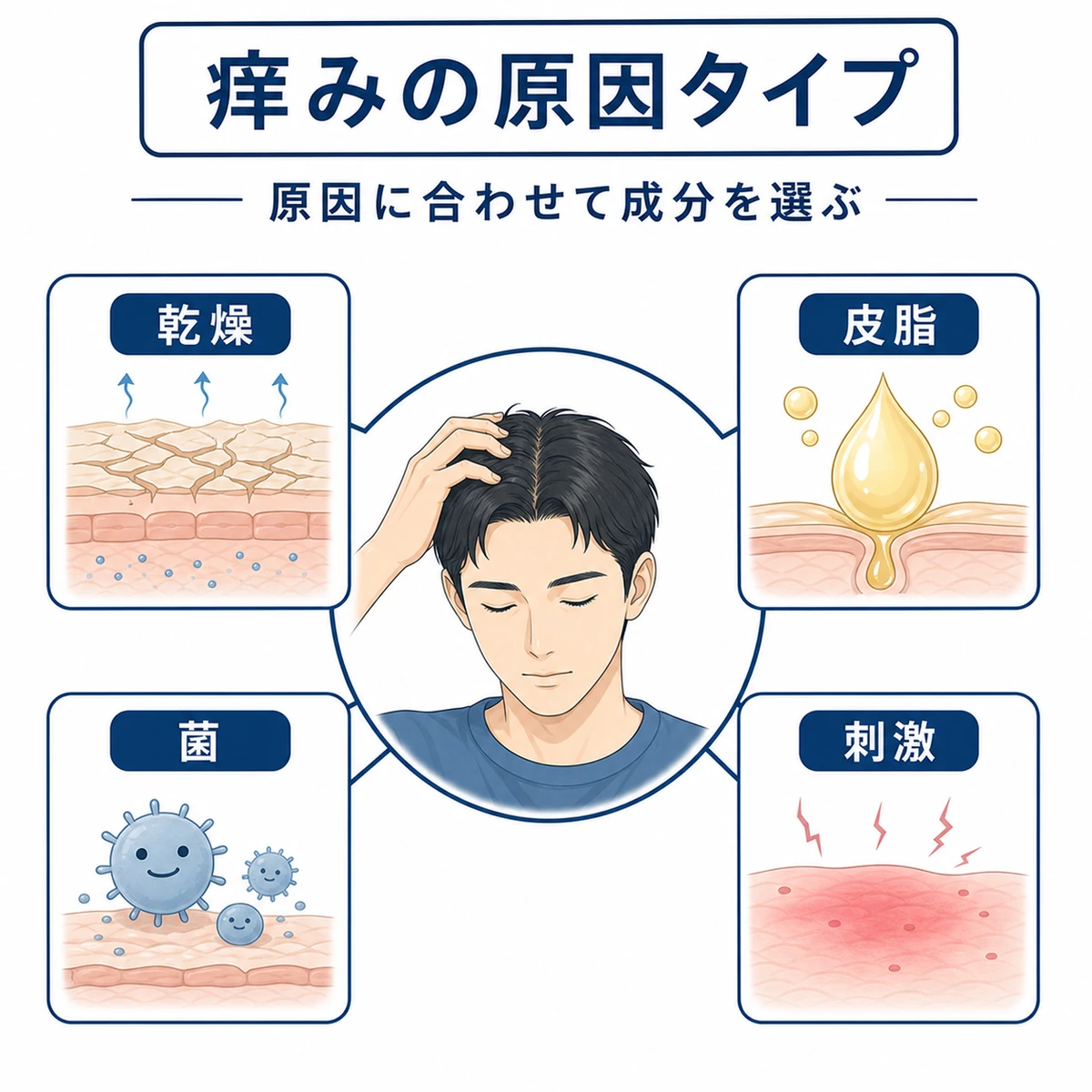 頭皮の痒みを引き起こす乾燥・皮脂・菌・刺激の4つの原因タイプを分類した医療イラスト