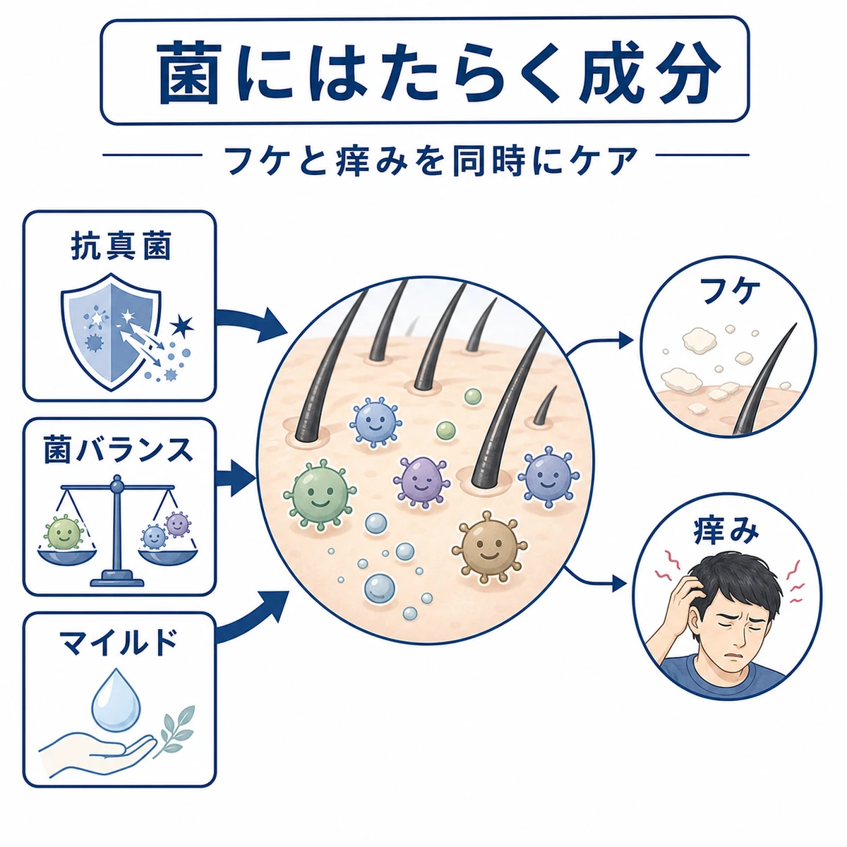 マラセチア菌の増殖を抑えてフケと痒みをケアする抗菌抗真菌の育毛成分を示した医療イラスト